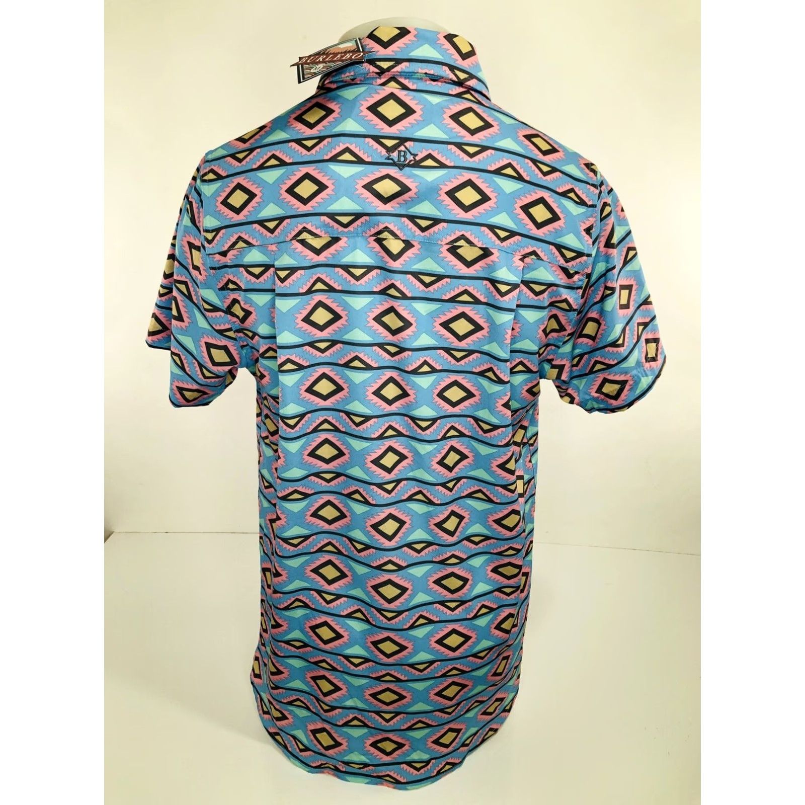 Vintage Burlebo Shirt Mens M Aztec Southwest Button-Up Short Sleeve Blue Pink Tan Brown Green Tag New} Size US M / EU 48-50 / 2 - 5 Thumbnail