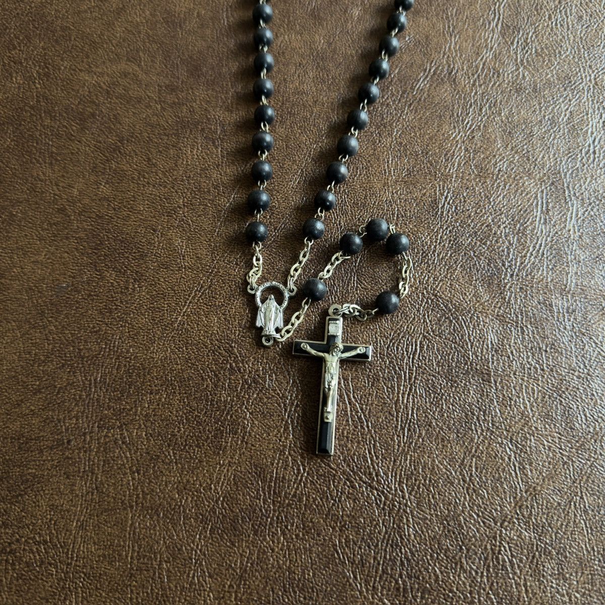 Black Bead Alloy Rosary Cross Necklace
