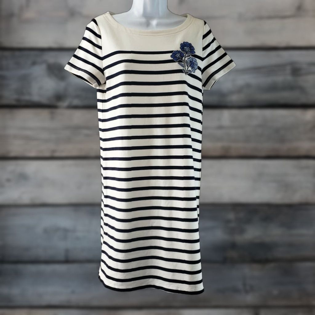 Loft VINTAGE Ann Taylor LOFT Womens Dress Sz XS Striped Blue Floral Short Sleeve Cotton Blend Size 26" / US 2 / IT 38 - 1 Thumbnail