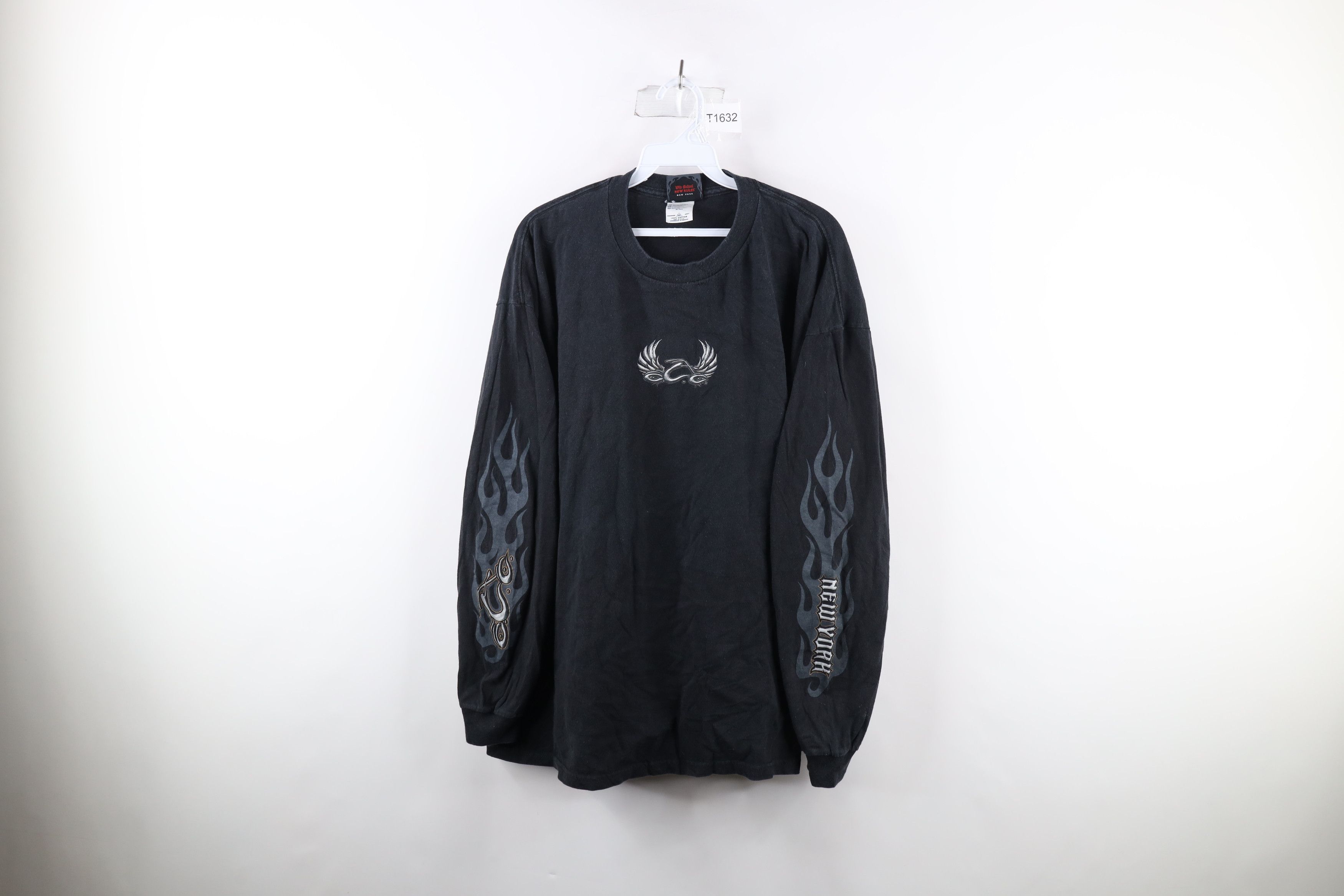 image of Vintage Y2K Mens 2Xl Faded Fire Flames Long Sleeve T-Shirt in Black