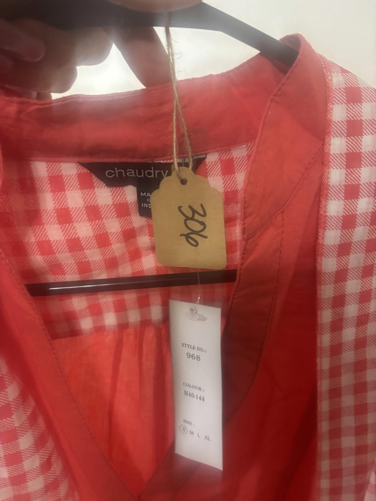 Designer Chaudry Red V-Neck Blouse with Gingham Accent Size S / US 4 / IT 40 - 7 Thumbnail