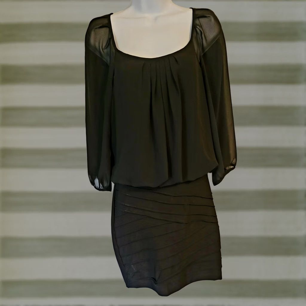 Vintage Vintage B Darlin Dress M Black Sheer Blouson Bodycon Mini 90s Women Size M / US 6-8 / IT 42-44 - 1 Thumbnail