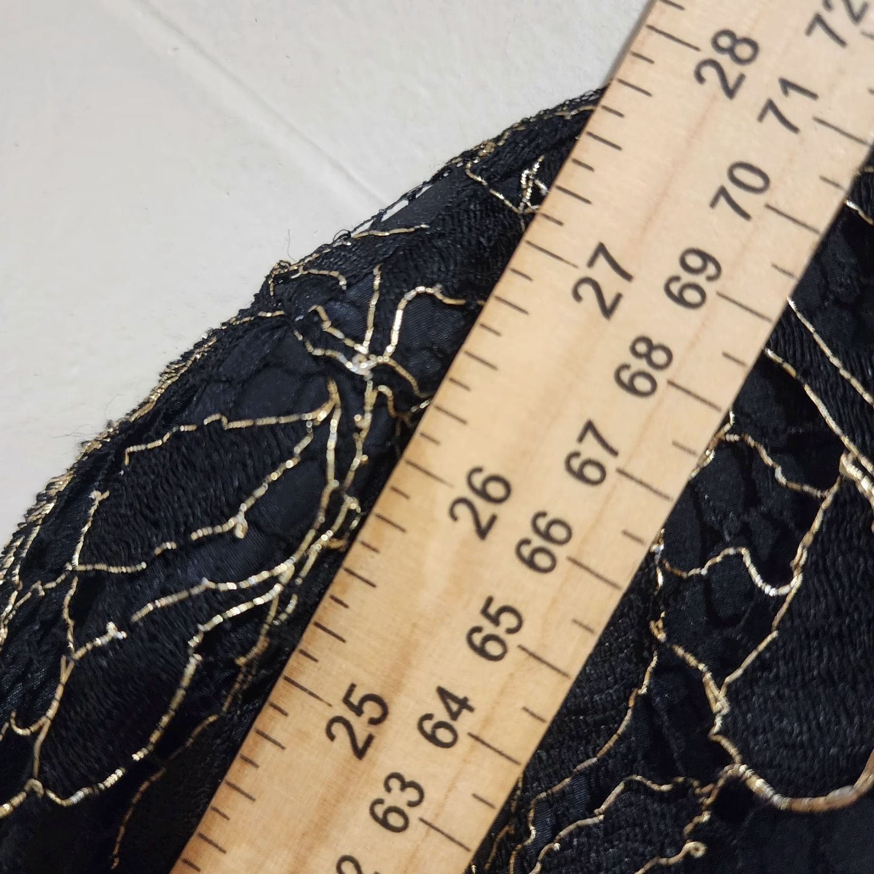 VINTAGE Neiman Marcus Jacket Bomber Black & Gold Emboss Fabric Short Button Up Lining Polyester Sequin Aztec Butterfly Collarless Womens Size M