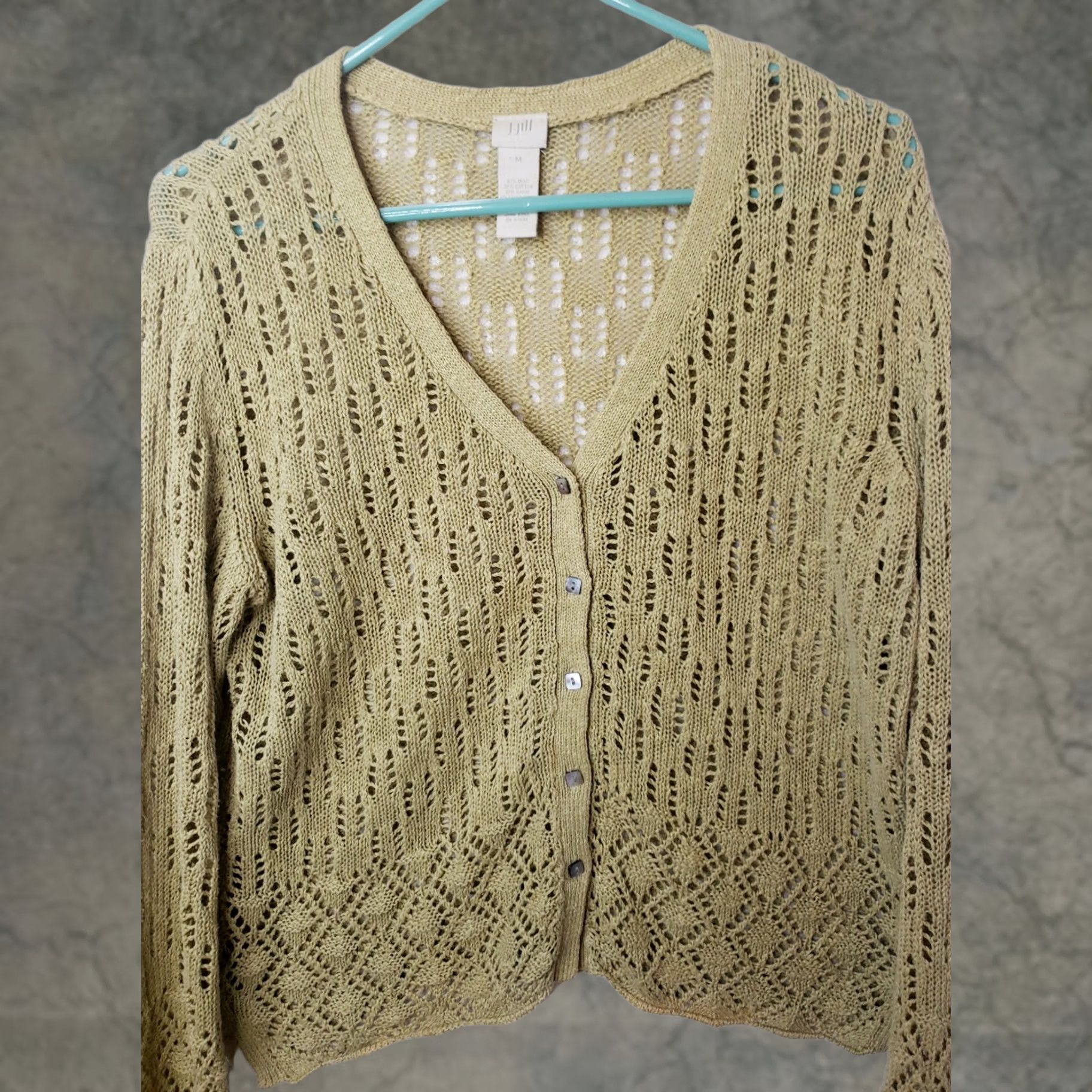 J. Jill J. Jill Bell Sleeve Cardigan Open Knit Light Green Hemp Cotton Size M Women Sweater V-Neck Bell Sleeve Regular Dry-clean Only Size M / US 6-8 / IT 42-44 - 1 Thumbnail