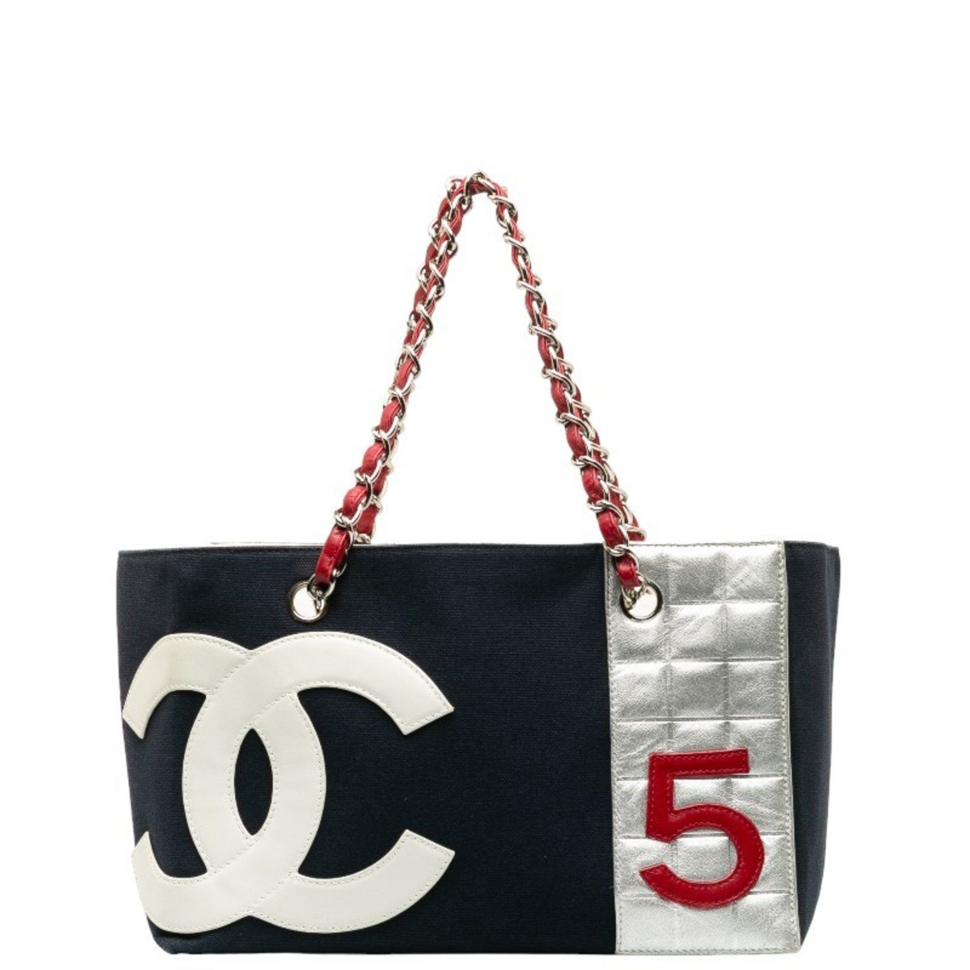 image of Chanel No.5 Chain Tote Bag Navy Multicolor Canvas Leather Women's