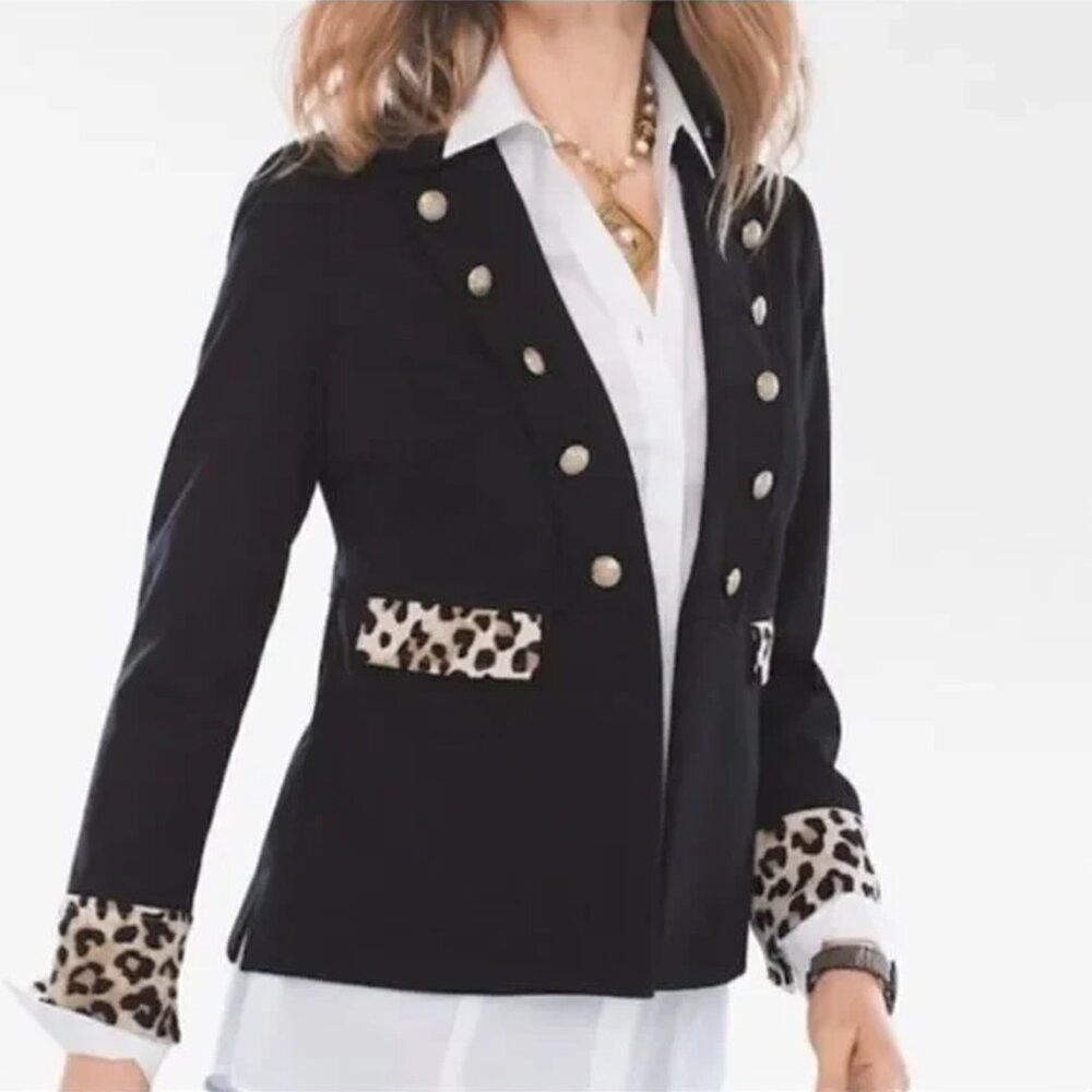 Chicos Chico's Animal Print Trimmed Blazer Jacket Size 1 US M Size M / US 6-8 / IT 42-44 - 3 Thumbnail