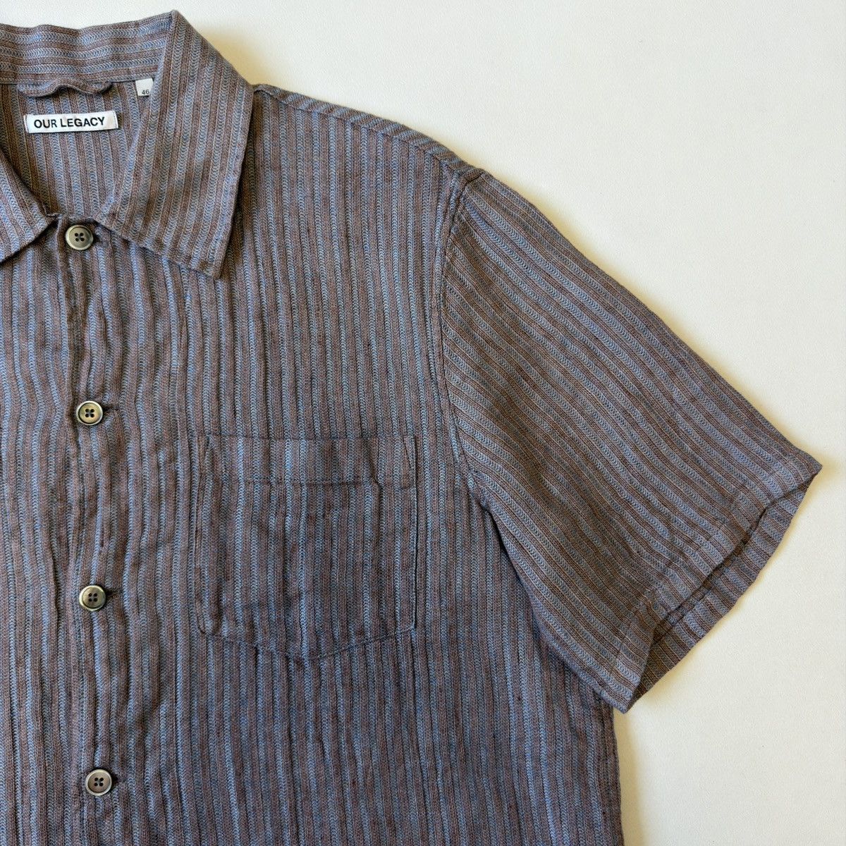 Our Legacy Blue/Tan Woven Striped Linen Box Shirt Size US M / EU 48-50 / 2 - 5 Thumbnail