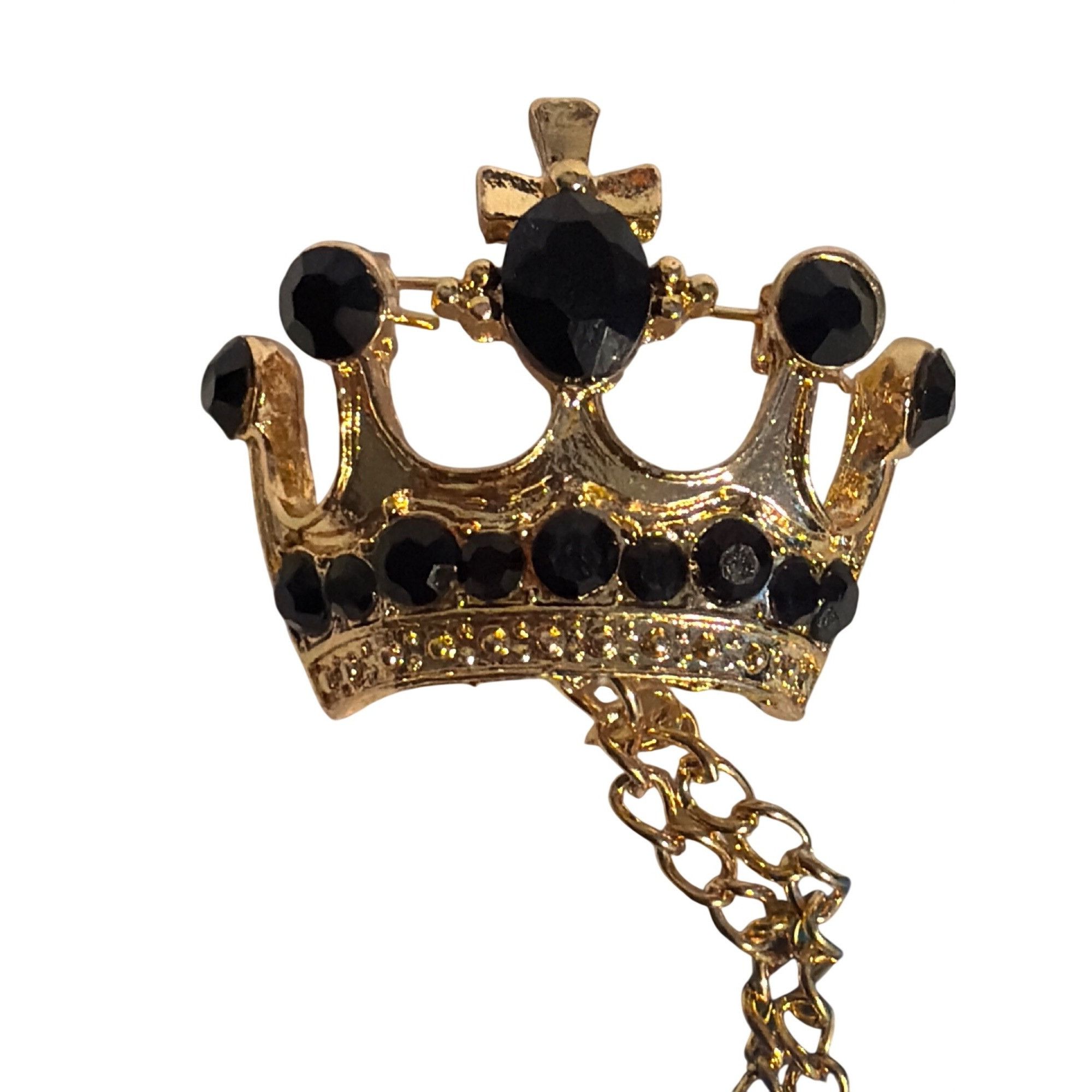 Other Gold Tone Crown Brooch Lapel Pin Black Gemstones Dual Chain Size ONE SIZE - 2 Thumbnail