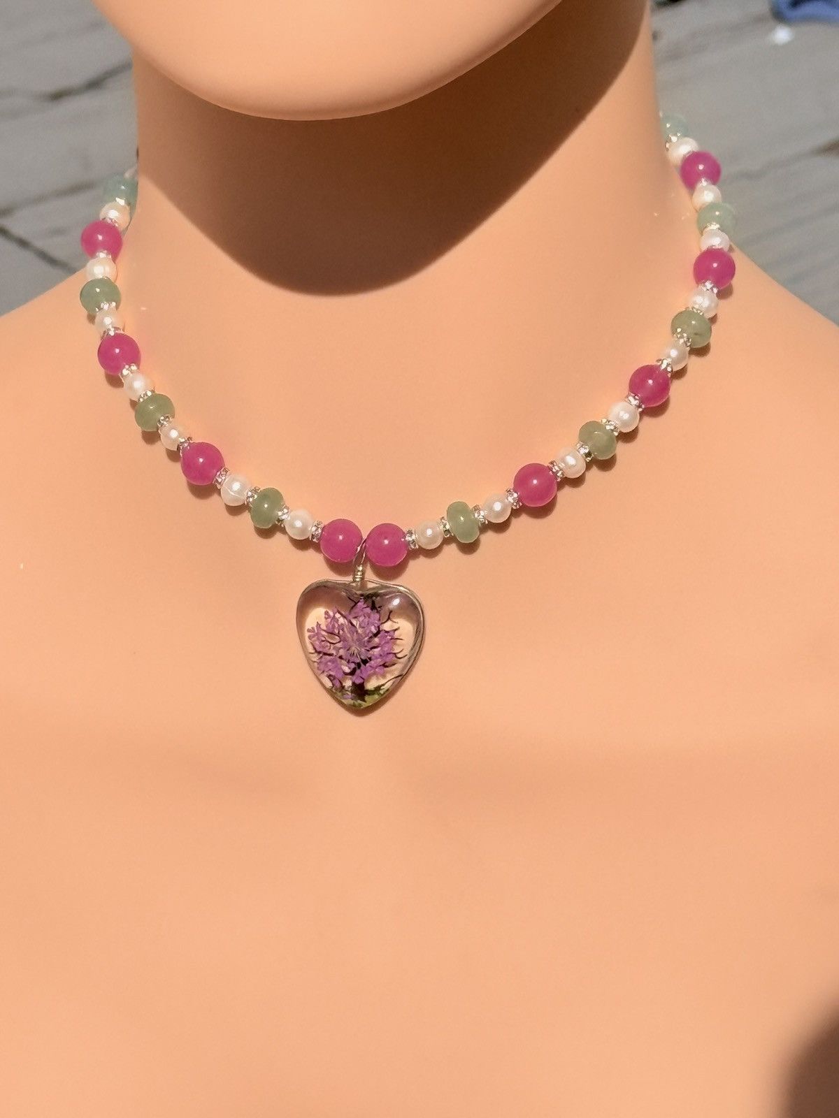 Other Pearl, Jade, Aventurine Handmade Beaded Necklace w Heart Size ONE SIZE - 2 Thumbnail