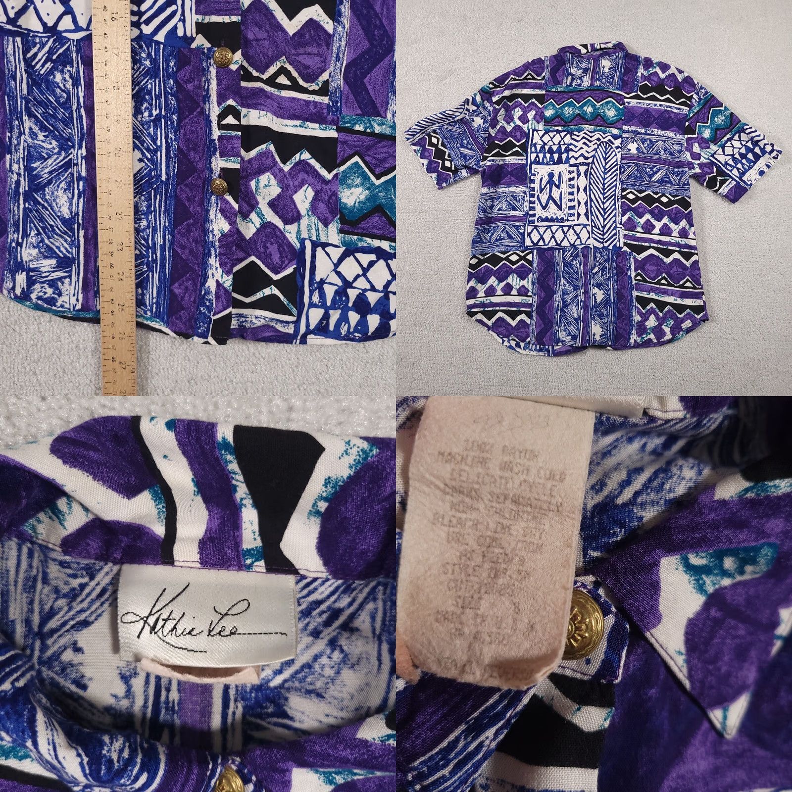 Lee VINTAGE Kathie Lee Button Up Shirt Women's 8 Blue Geometric Aztec Short Sleeve USA Size M / US 6-8 / IT 42-44 - 8 Thumbnail