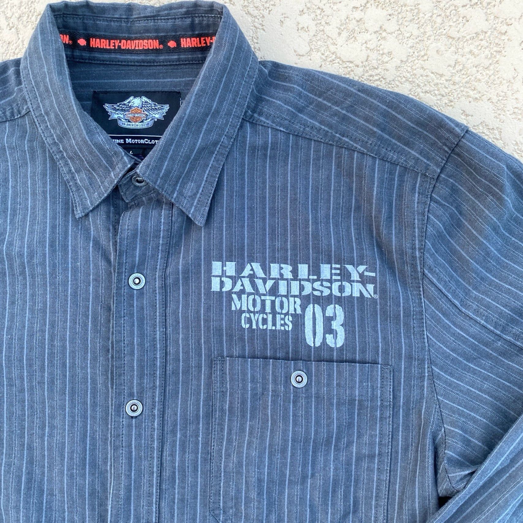 Harley Davidson Harley-Davidson Shirt Mens Gray Stripe Snap Button-Up Collared Long Sleeve Large Pockets Size US L / EU 52-54 / 3 - 2 Thumbnail