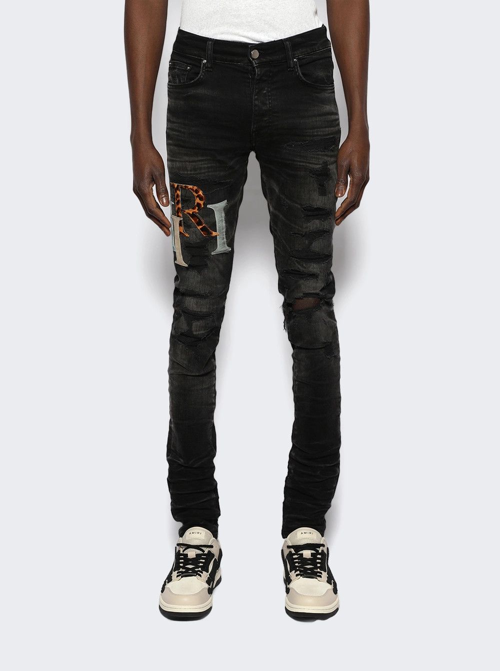 Amiri o1gr1nt0525 Leather Staggered Logo Jeans in Faded Black Size US 29 - 4 Thumbnail