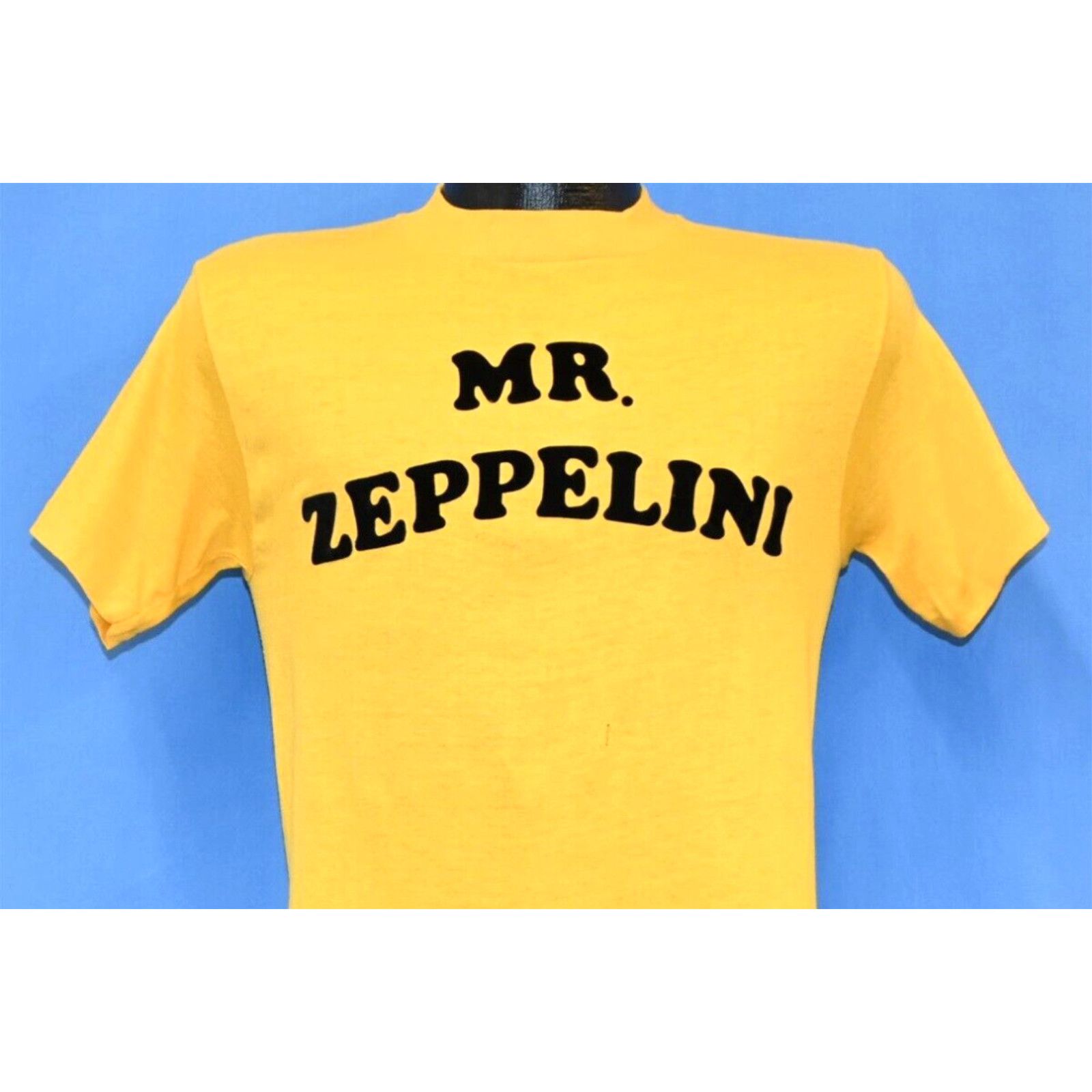 Image of Vintage 70's Mr Zeppelini Iron-On Flocked Fuzzy Letters Yellow T-Shirt Small S in White, Men's