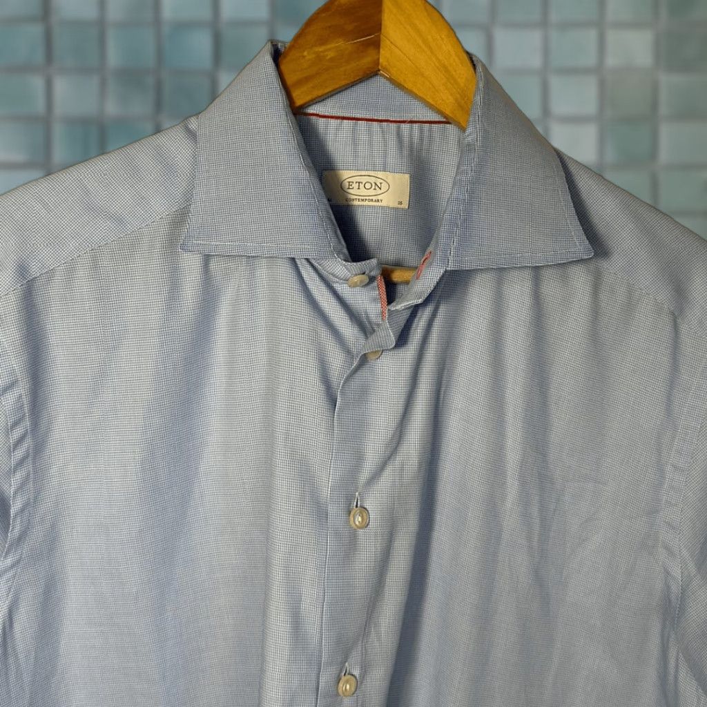 Eton ETON Shirt Mens Contemporary Blue Houndstooth Button Up Long Sleeve Cotton 41 16 Size US L / EU 52-54 / 3 - 1 Thumbnail
