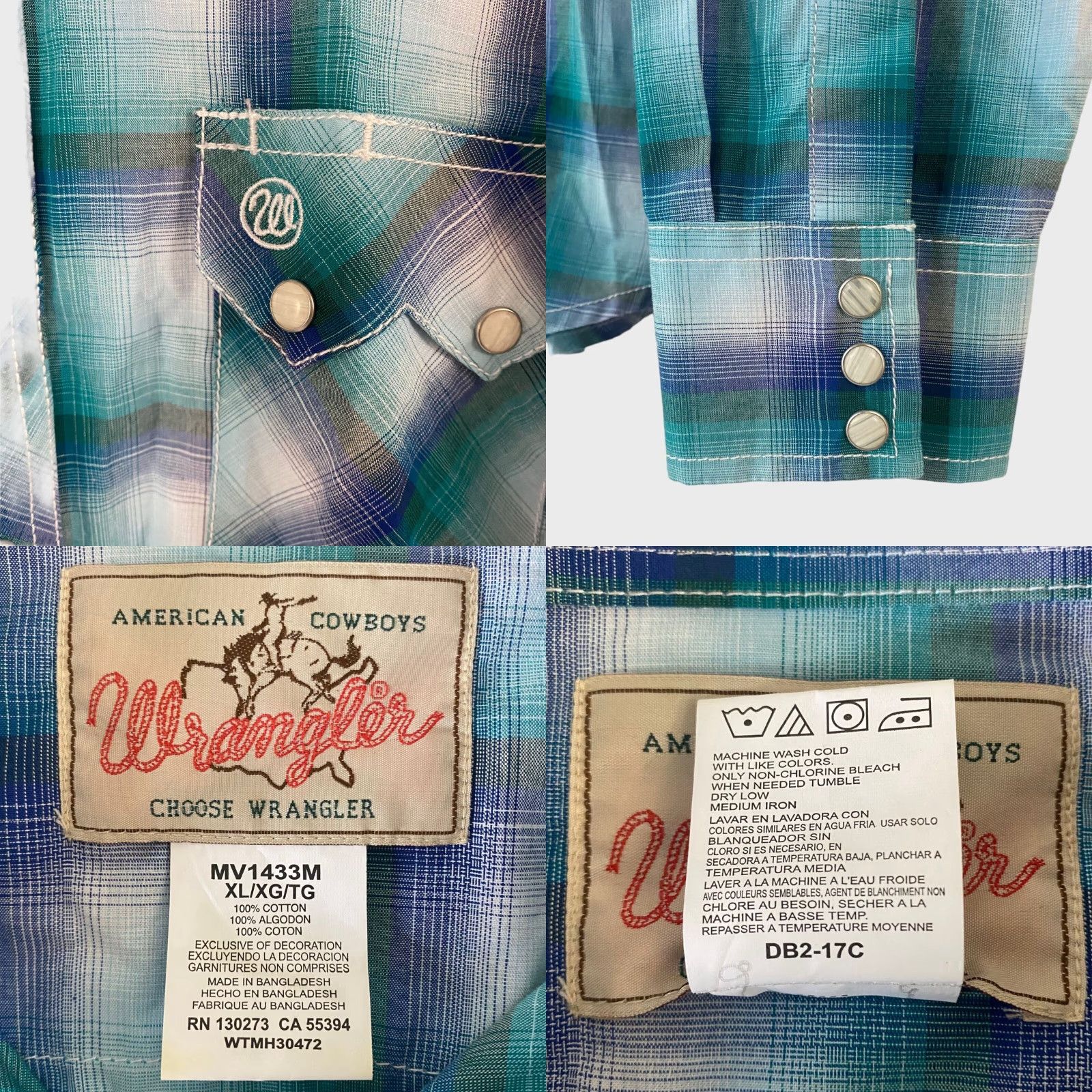 Wrangler VINTAGE Wrangler Western Pearl Snap Shirt Long Sleeve Turquoise Blue Plaid Mens XL TieFit? Size US XL / EU 56 / 4 - 8 Thumbnail