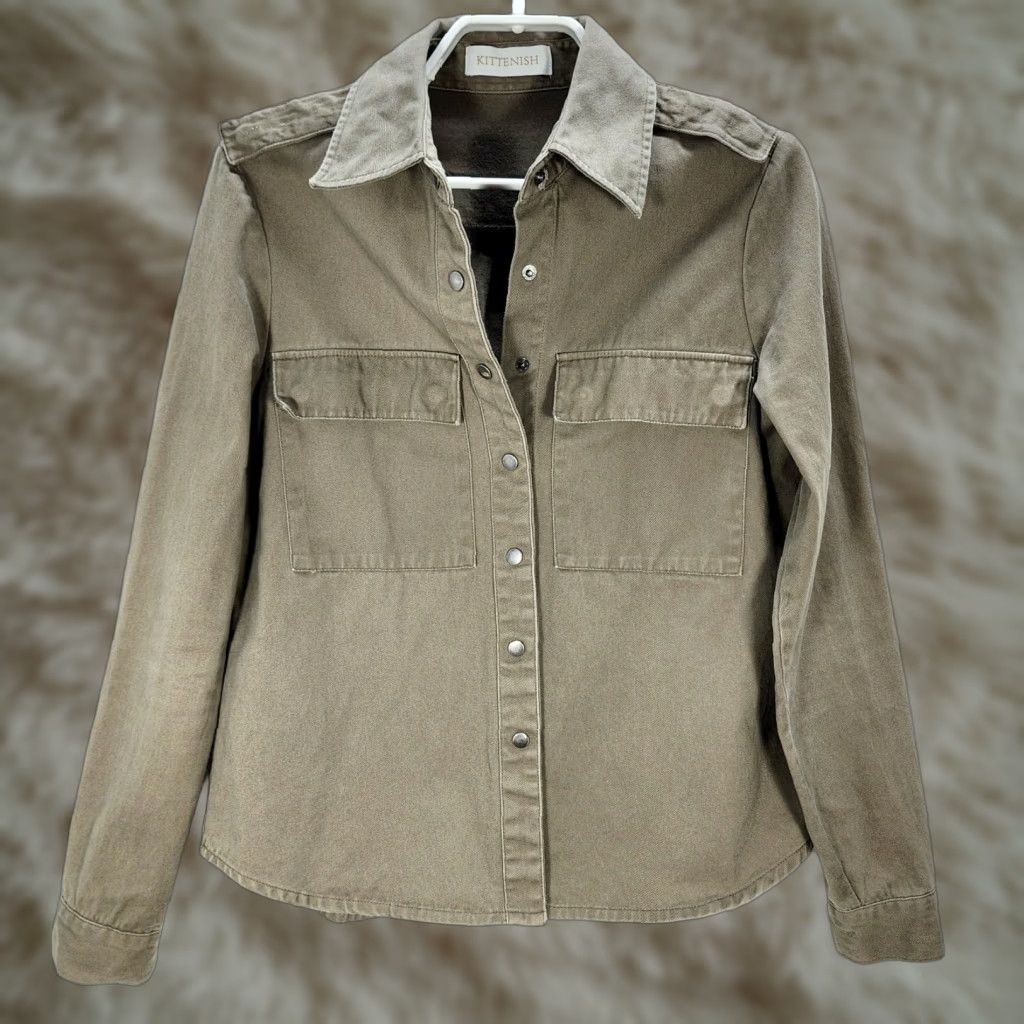 Olive VINTAGE Kittenish Olive Green Snap Buttons Cotton Front Pockets Utility Shirt XS Women Adults Womens Shirts Size XS / US 0-2 / IT 36-38 - 1 Thumbnail
