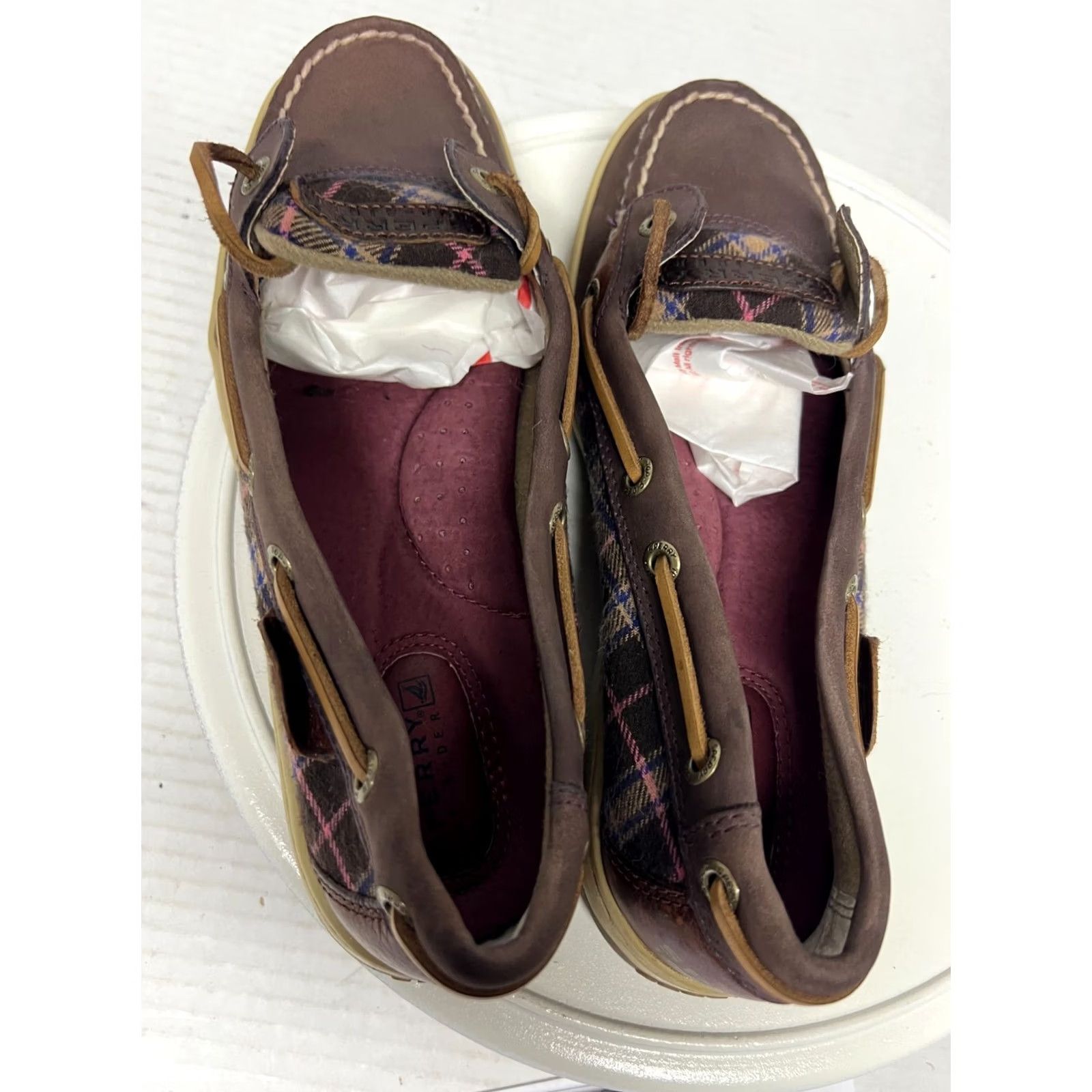 Sperry Sperry Top Sider Women 6.5 37 Brown Plaid Boat Shoe Leather Fabric 9101957 1 Eye Leather Laces Boyt Shoe Size M / US 6-8 / IT 42-44 - 7 Thumbnail