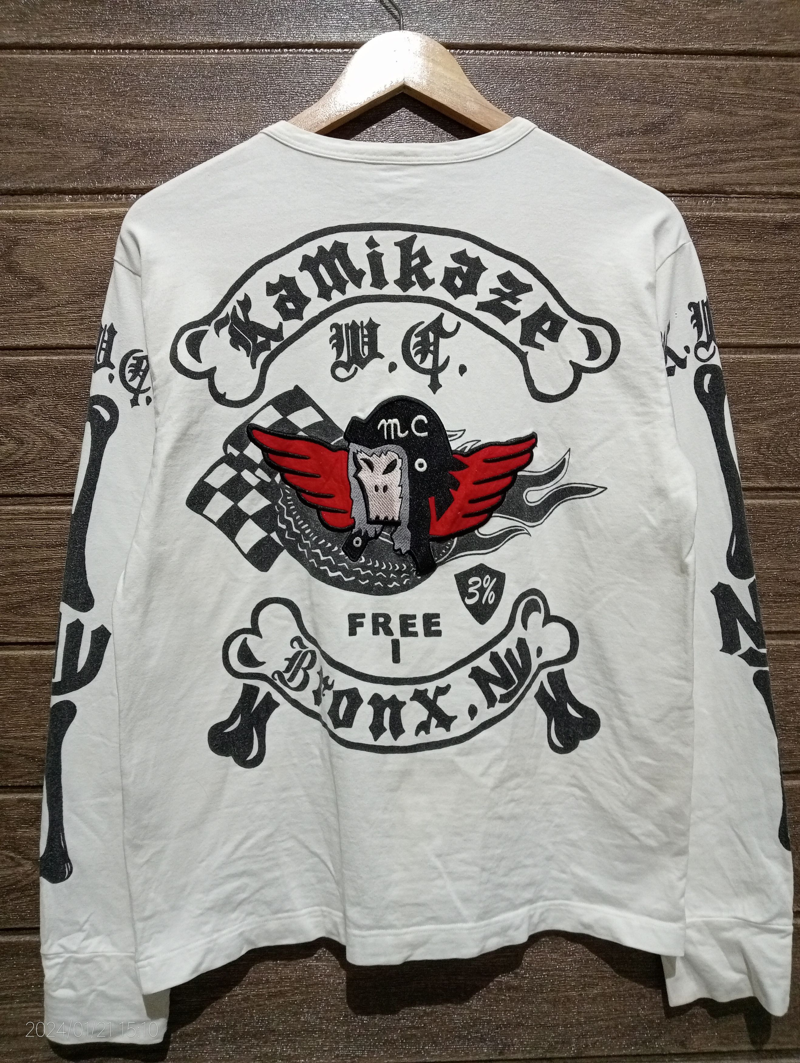 image of Vintage Mws Kamikaze Motorcycle Long Sleeve Tshirt in White, Men's (Size Medium)