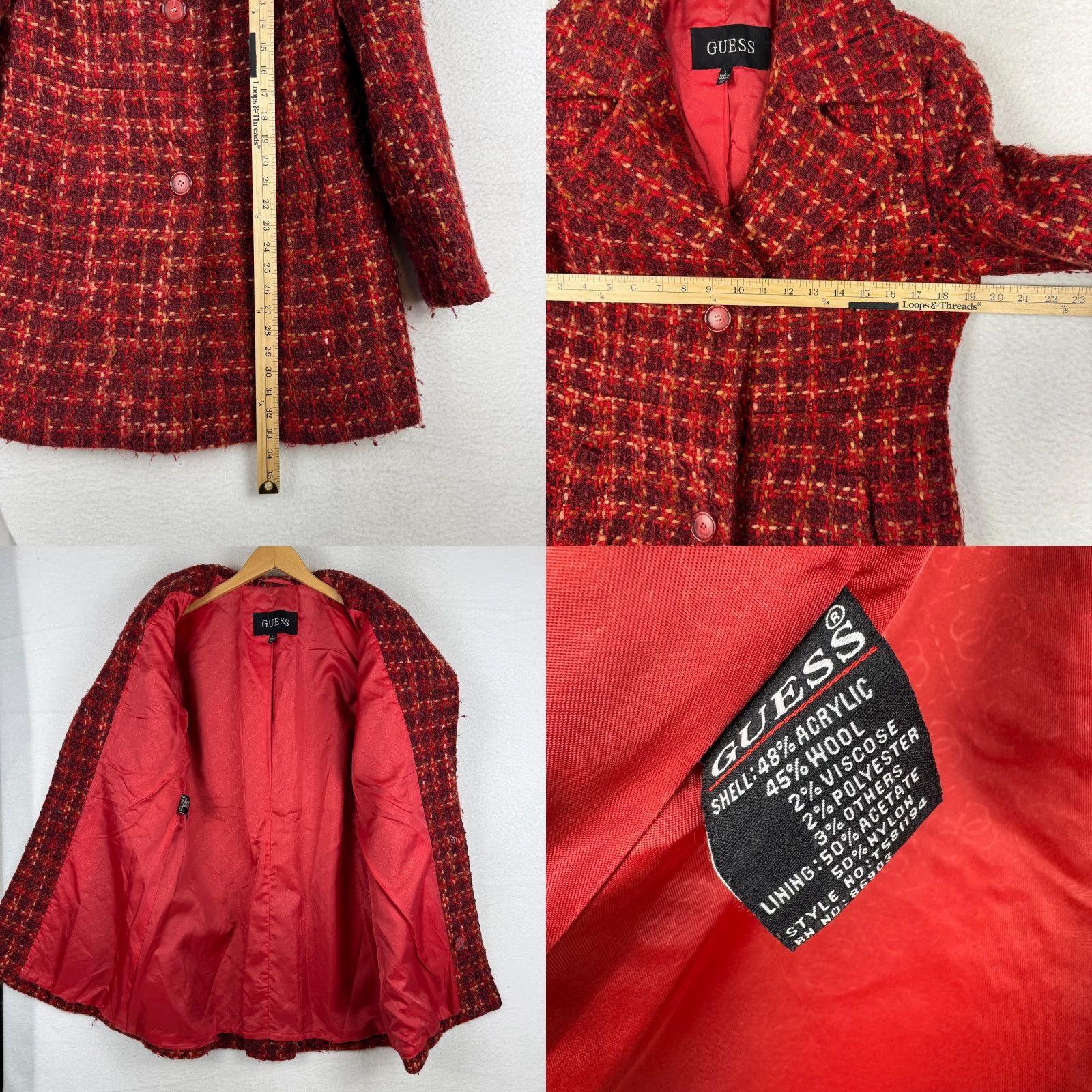 Guess VINTAGE Guess Wool Blend Plaid Overcoat Knit Mid-Length Red 90s Glam Women L Winter Fall Mens Womens Size L / US 10 / IT 46 - 8 Thumbnail