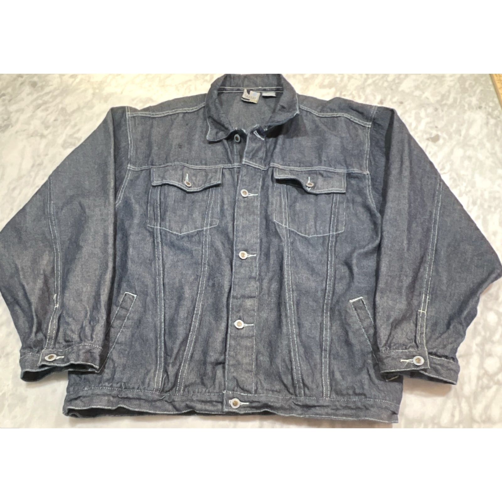 Vintage Factor International Denim Jean Jacket Men’s 2XL Button Up Cotton Mid Length Blue Denim 90s Classic Motorcycle Pockets Mens Regular Jacket Size US 39 - 2 Thumbnail