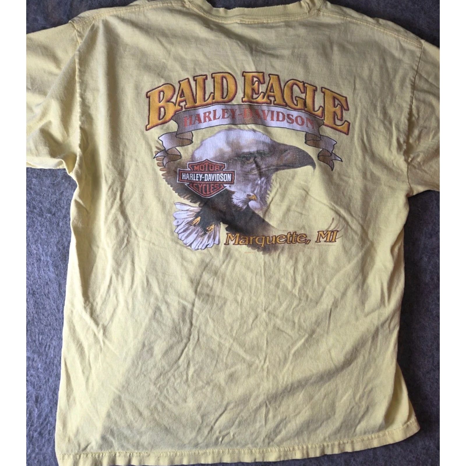 Harley Davidson Harley-Davidson T Shirt Mens XL Yellow Graphic Logo Biker Distressed Crew Neck American Eagle Bald Eagle Marquette Michigan Size US XL / EU 56 / 4 - 5 Thumbnail