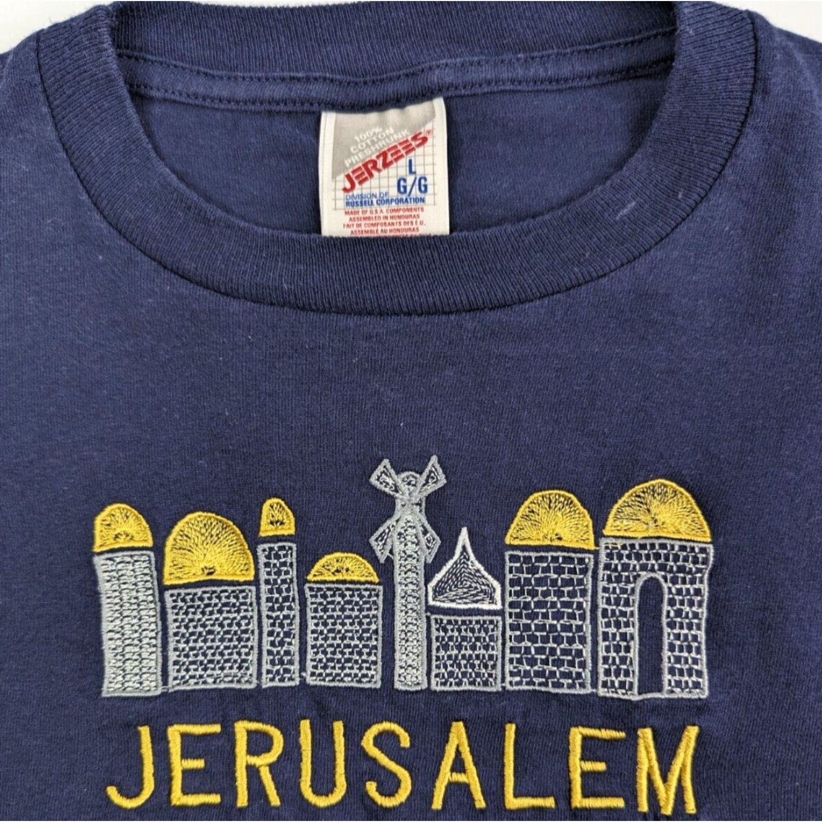 Jerzees VINTAGE Jerzees Shirt Jerusalem Navy L Blue 90s city hebrew israel jerusalem jewish lion of judah graphic embroidery crew neck Men Size US L / EU 52-54 / 3 - 6 Thumbnail