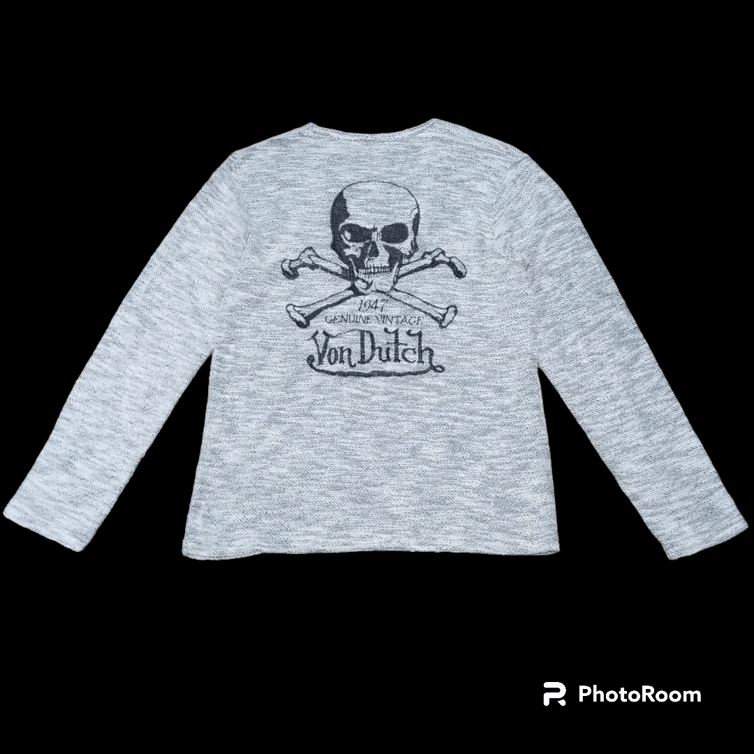image of Vintage Von Dutch Skeleton Knitwear Long Sleeve T-Shirt in Grey, Men's (Size Medium)