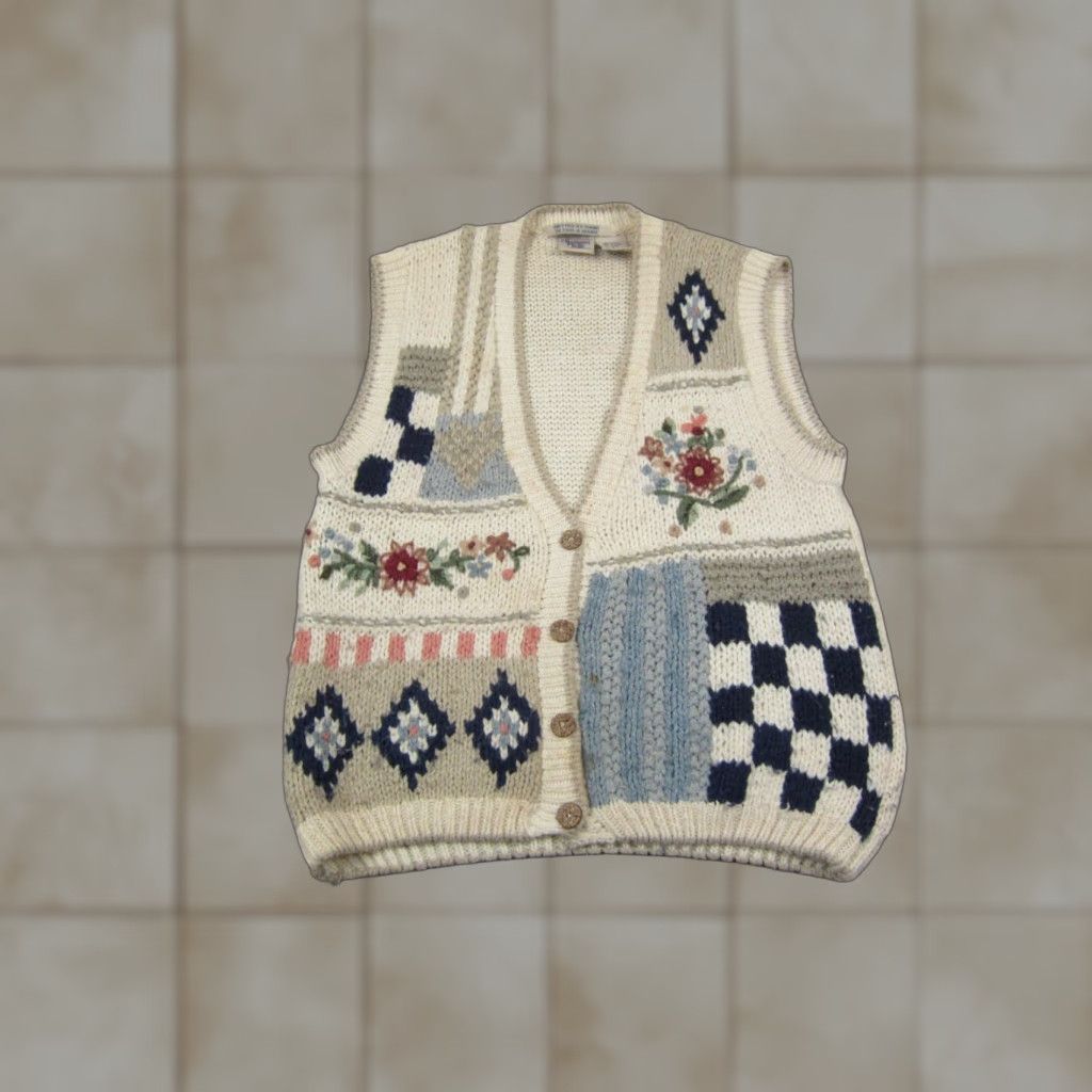 Vintage VINTAGE Huntington Ridge Sweater Vest Womens S Ivory Fair Isle Knit V-Neck 90s Retro Casual Size S / US 4 / IT 40 - 1 Thumbnail