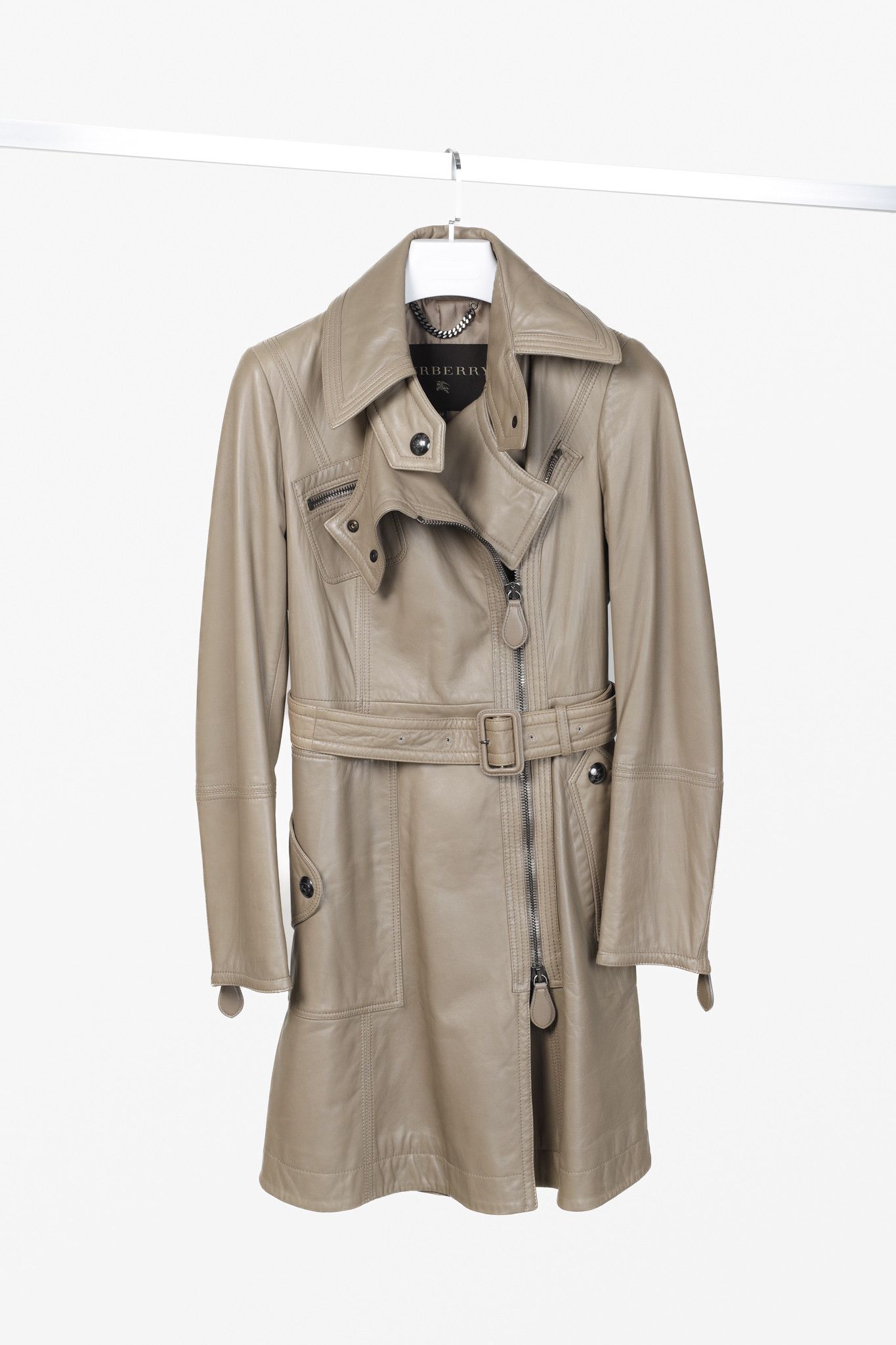 Burberry Burberry Taupe Grey Brown Leather Moto Trench Coat Size M / US 6-8 / IT 42-44 - 1 Thumbnail