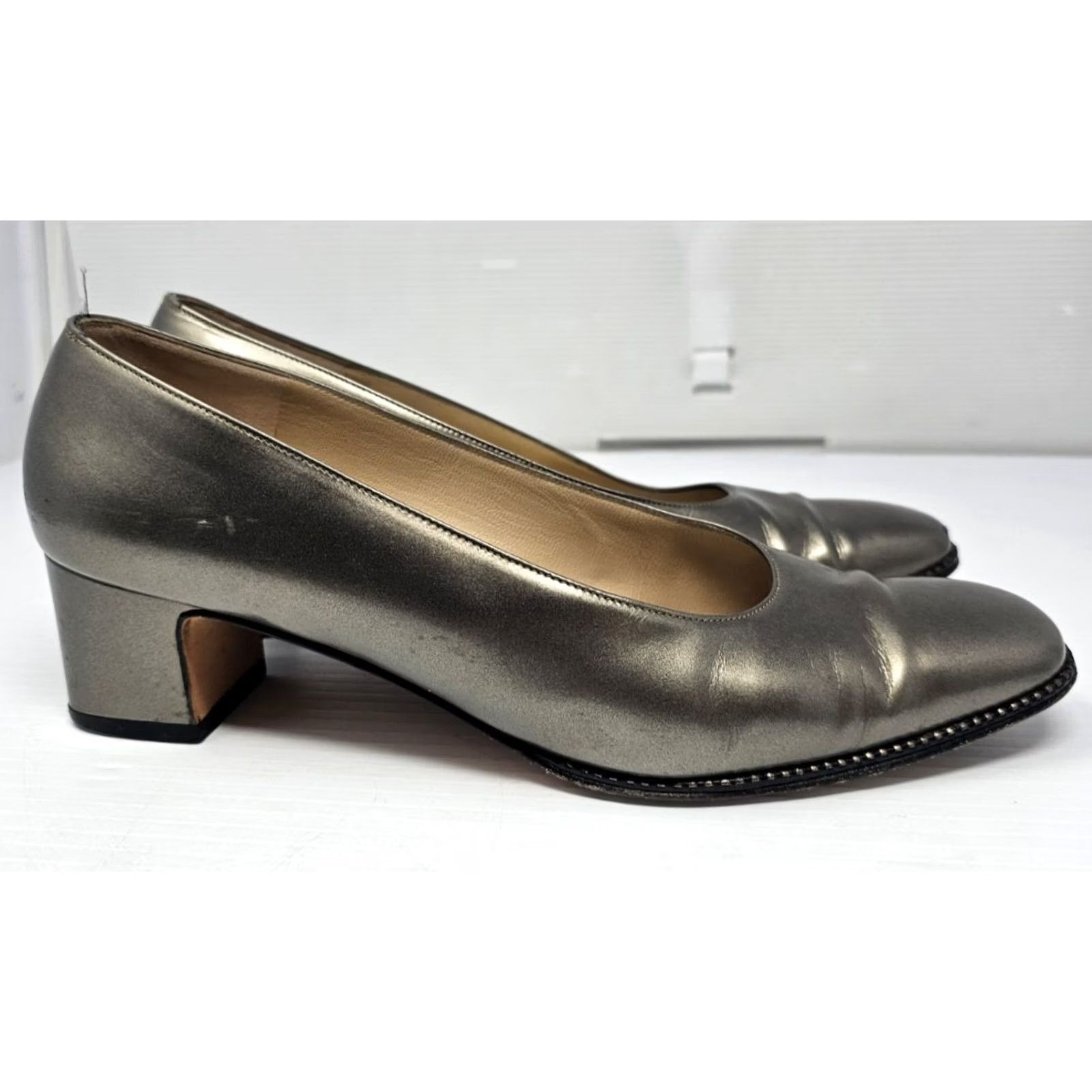 Salvatore Ferragamo VINTAGE Salvatore Ferragamo Leather Pumps Square Toe Metallic Chunky Heels US 7.5 Womens Shoes 90s Rock Green Leather Block Heel - 2-3/8" Size US 8 / IT 38 - 2 Thumbnail