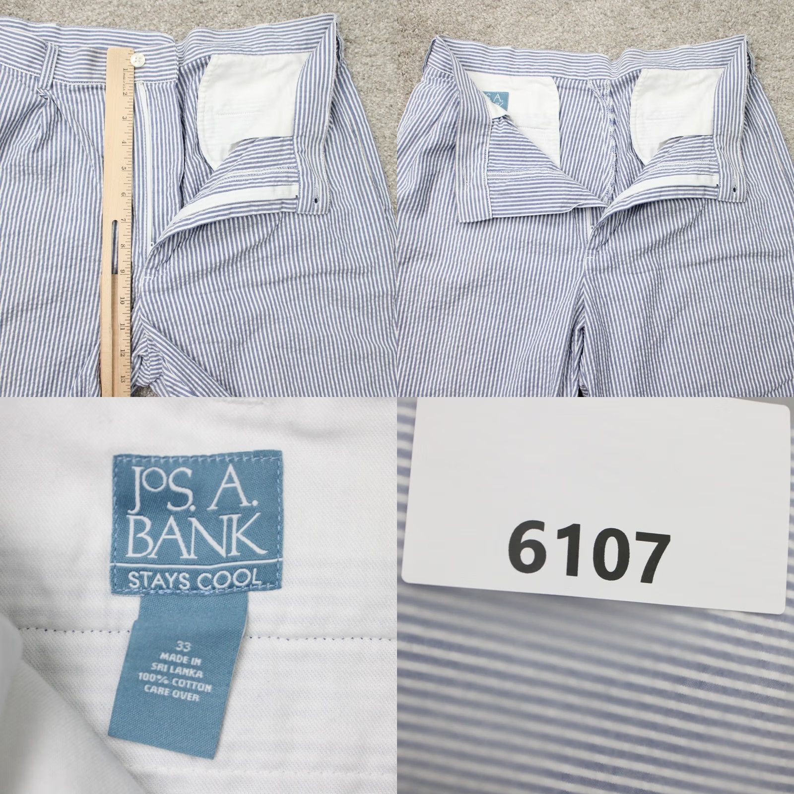 Jos. A. Bank Jos. A. Bank Chino Shorts Men 33 Blue/White Striped Seersucker Cotton Chino Shorts Casual Pockets 9in Inseam Regular Rise Mid-Topstitch? Size US 33 - 8 Thumbnail