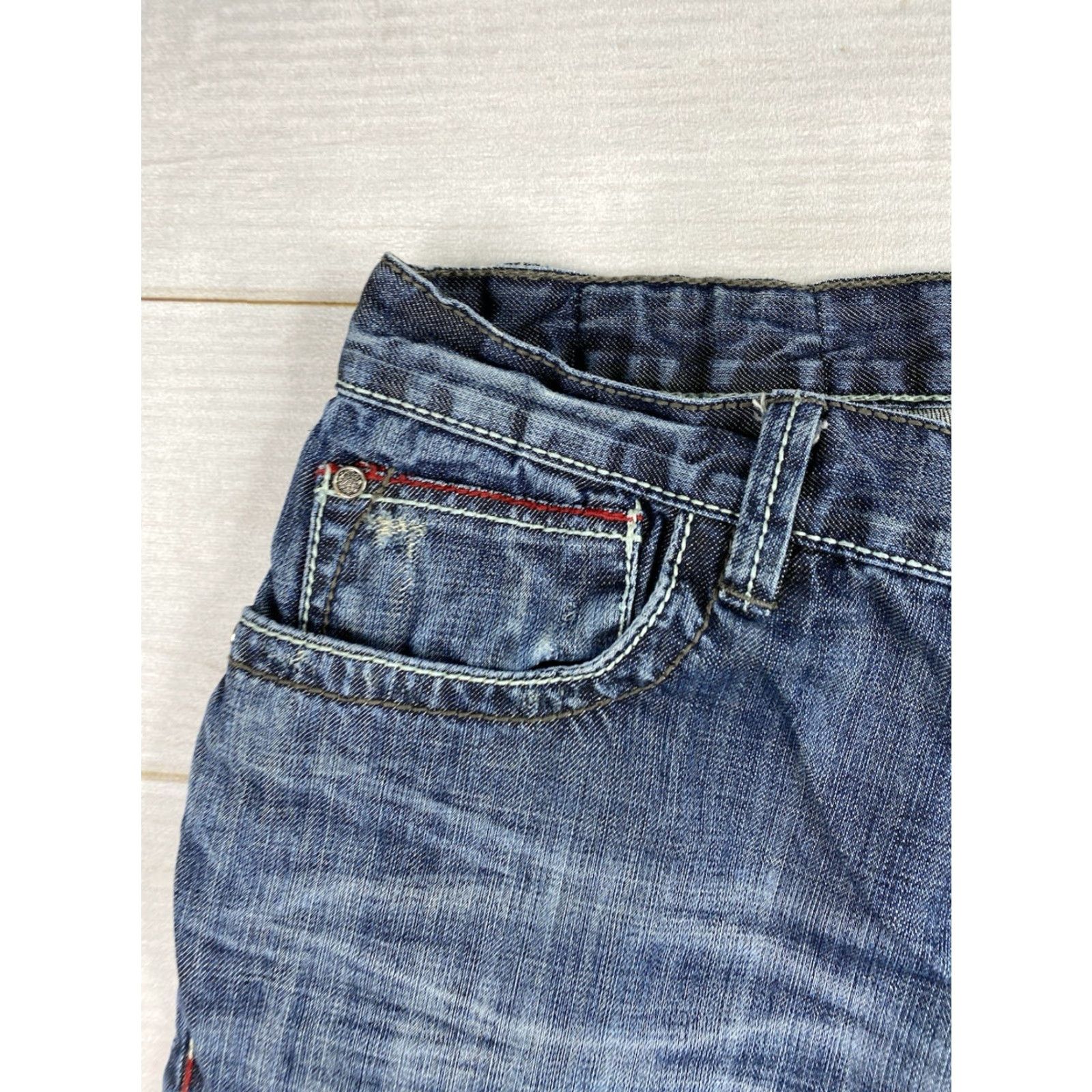Denime Manchester Jeans Mens 38R Distressed Embroidered 5-Pocket Denim Dark Wash 100% Cotton Blue Jeans Mens Regular Size US 38 / EU 54 - 2 Thumbnail