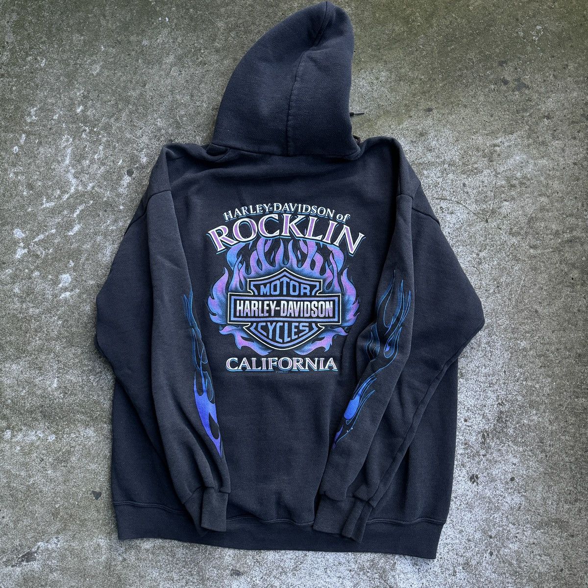 image of Harley Davidson x Vintage Faded Harley California Blue Flame Zip Up Hoodie in Black, Men's (Size XL
