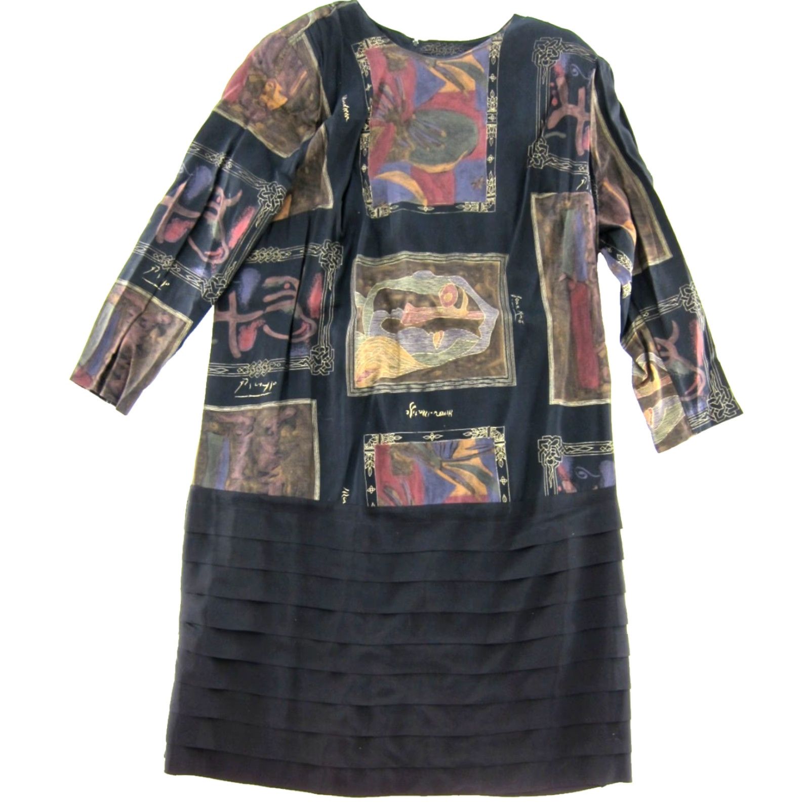 Vintage VTG Special Thyme Ltd. Black Brown Purple Art Long Sleeve Midi Tunic Dress 24W Size 4XL / US 24-26 - 2 Thumbnail