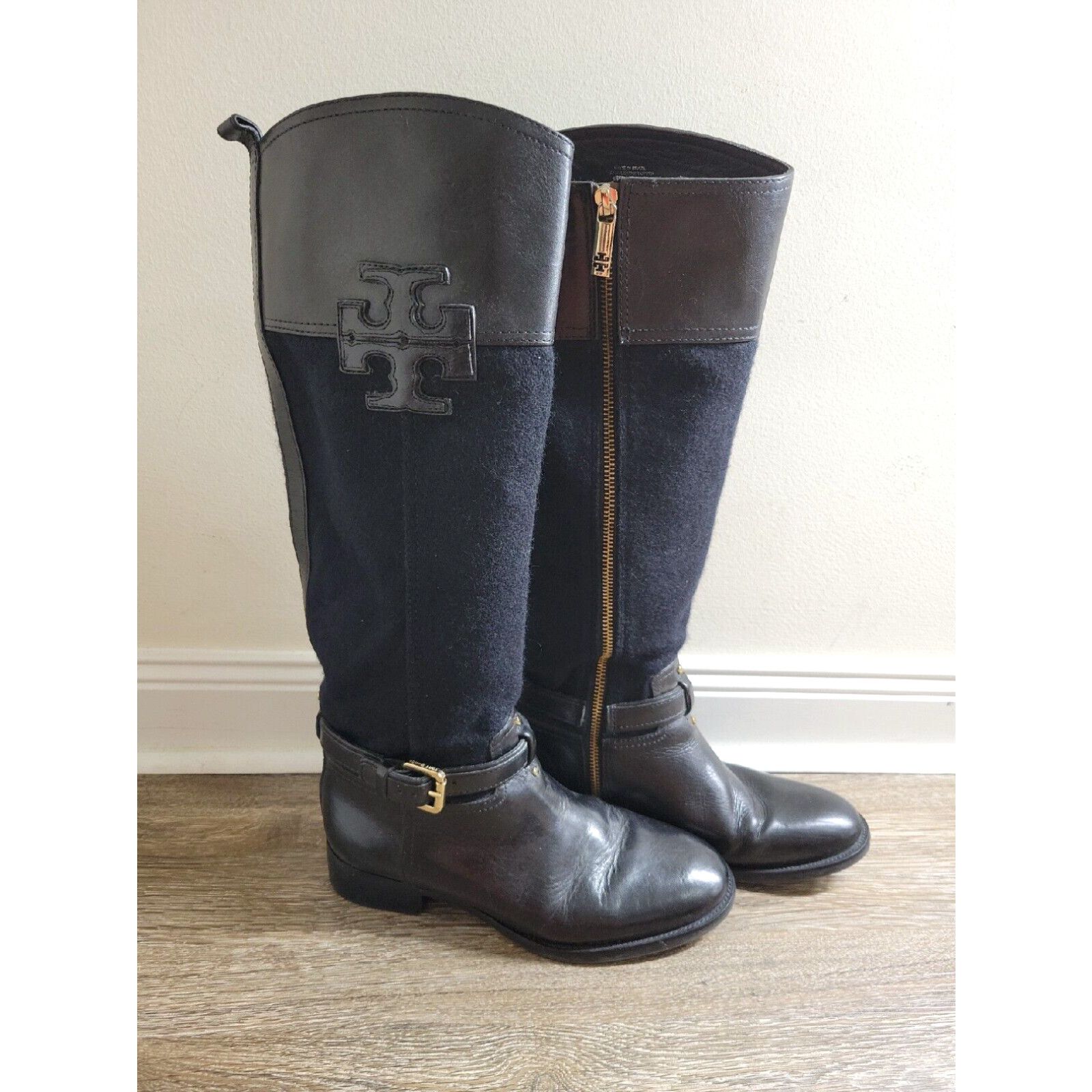 image of Tory Burch Blaire Low Heel Shoes Tall Riding Boots Black Leather Wool Size 7 M 7M in White, Women's