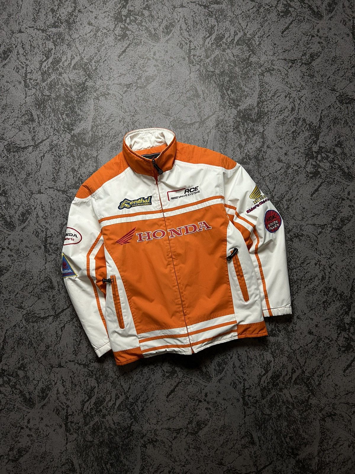 image of Vintage Racing Jacket Honda Big Logo White Orange, Men's (Size Medium)