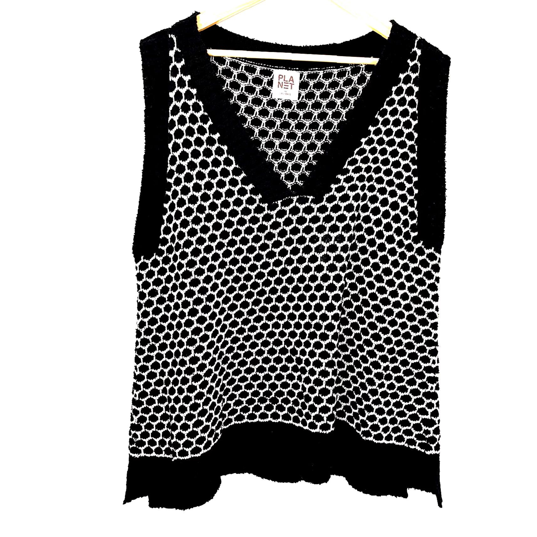Vintage VINTAGE Planet by Lauren G Sweater Vest Womens OS Black White Knit Abstract Artsy V-Neck Size L / US 10 / IT 46 - 2 Thumbnail