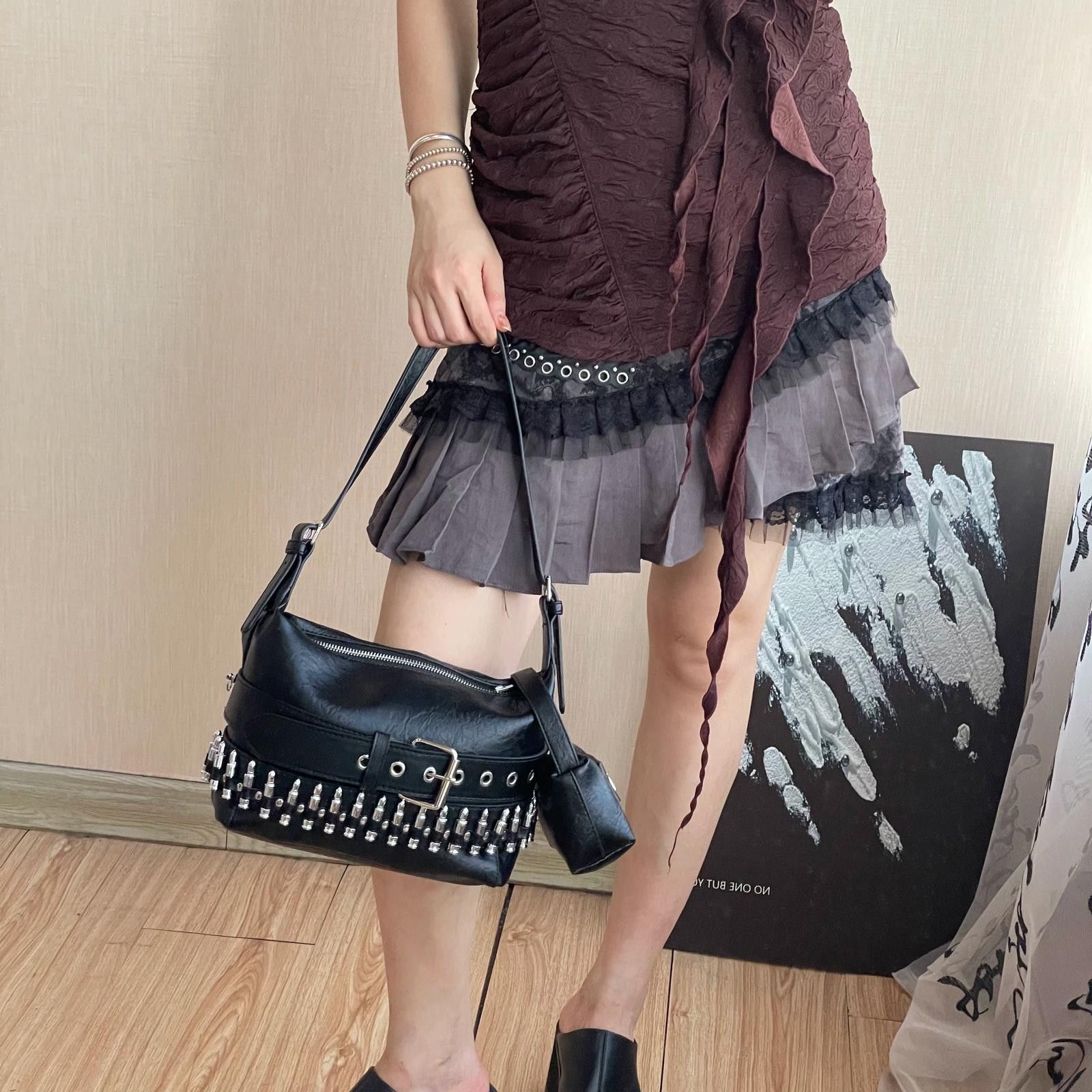 Leather Black Studded Leather Shoulder Bag with Cross Charm Size ONE SIZE - 1 Thumbnail