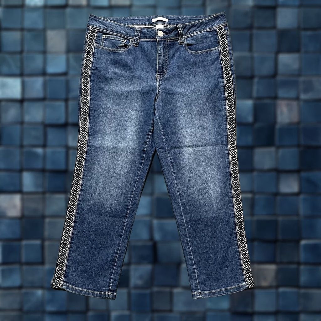 Denime Westport Jeans Womens 14 Blue Denim Striped Pattern Embroidered Relaxed GUC Size 36" / US 14 / IT 50 - 1 Thumbnail