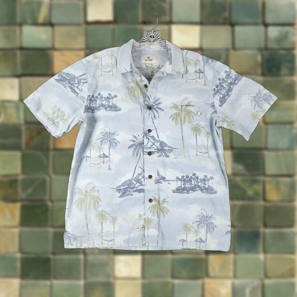 Vintage VINTAGE Solitude Men's Hawaiian Shirt Short Sleeve Button-Up Size S Blue Palm Tree Summer Mens Size US 29 - 1 Thumbnail