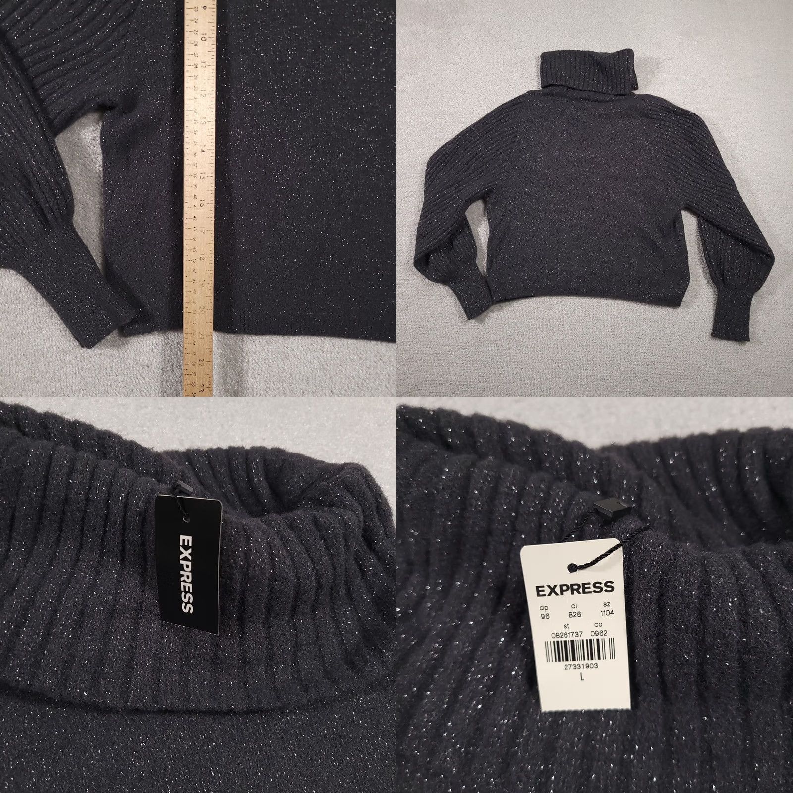 Express Express Cropped Sweater Women's Large Dark Gray Glitter Soft Turtle Neck Pullover Knit Long Sleeve Regular Fit Casual Holiday Women Mens/Girls Size L / US 10 / IT 46 - 8 Thumbnail