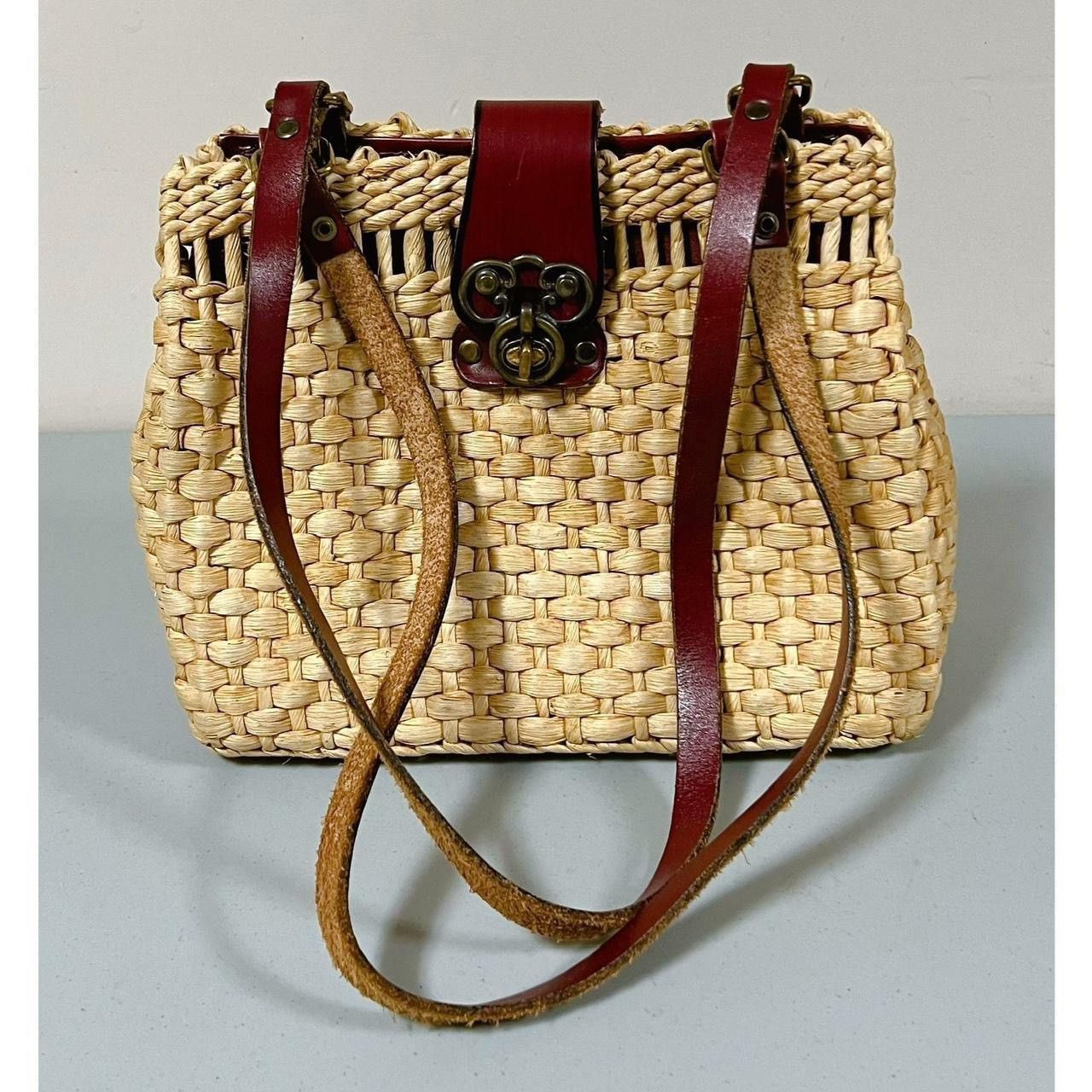 image of Vintage Tan Straw Leather Shoulder Bag Handbag Satchel Pocketbook in Beige, Women's