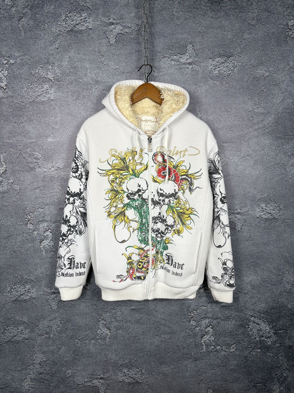 Vintage Really Point Faux Fur Lined Zip Hoodie Like Ed Hardy