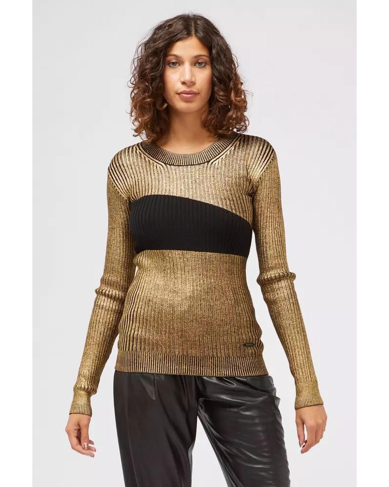 image of Custo Barcelona Fancy Print Long-Sleeved Sweater With Black Insert in Gold, Women's (Size Medium)