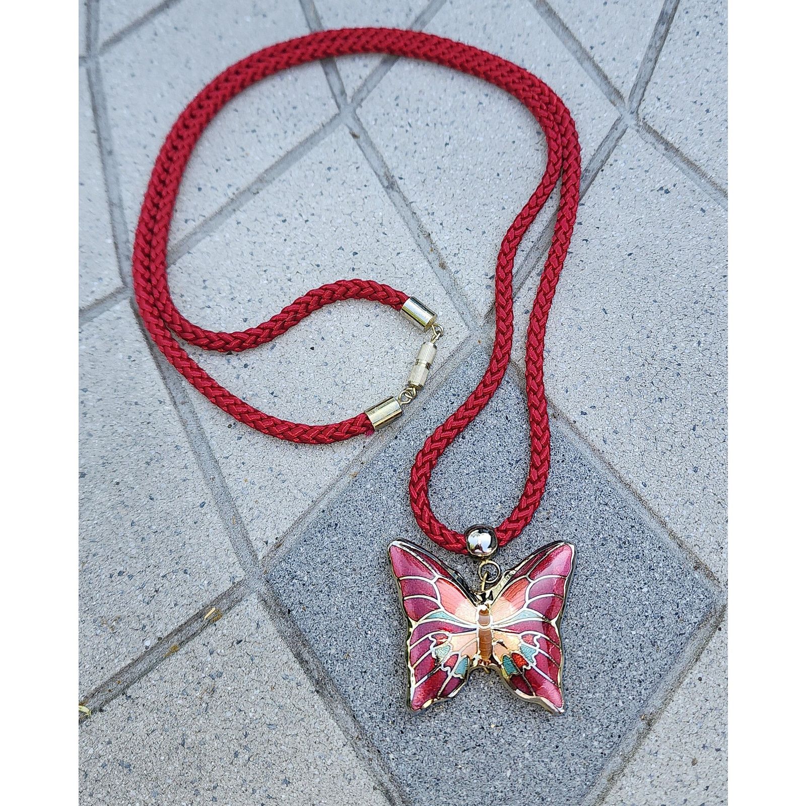 Vintage Vintage Premium Cloisonne Butterfly Pendant Rope Necklace Size ONE SIZE - 7 Thumbnail