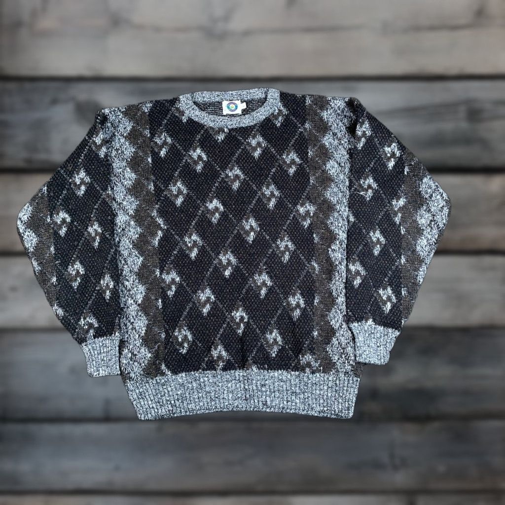 Pull Vintage Homme Tons Of Fun - Motif Géométrique Diamant, Noir/gris, Taille XL (Années 80)