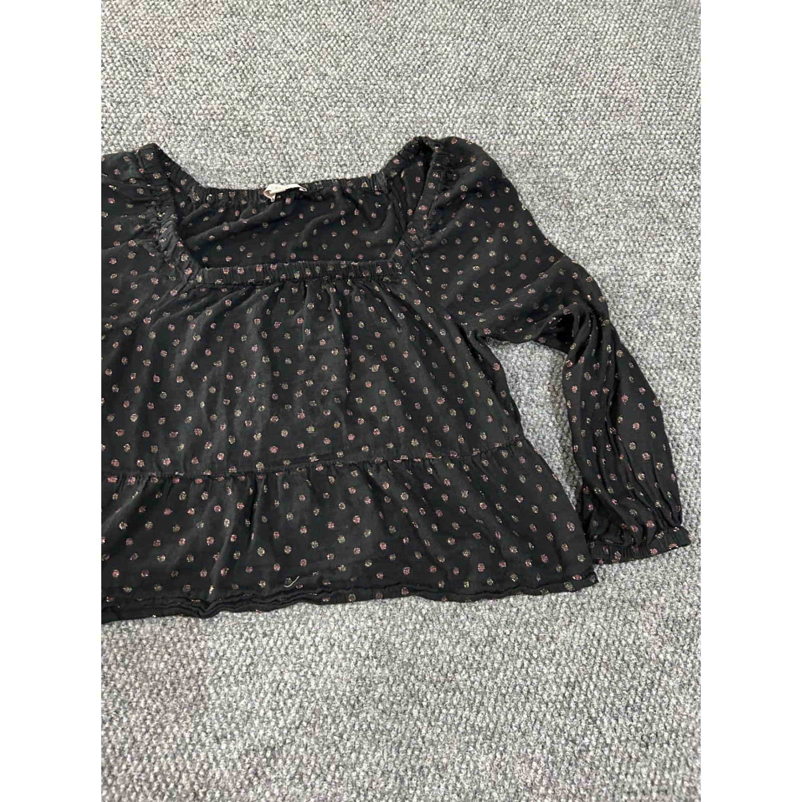 Loft LOFT Blouse Boho Womens Medium Black Metallic Dot Peplum Long Sleeve Shirt Size M / US 6-8 / IT 42-44 - 3 Thumbnail