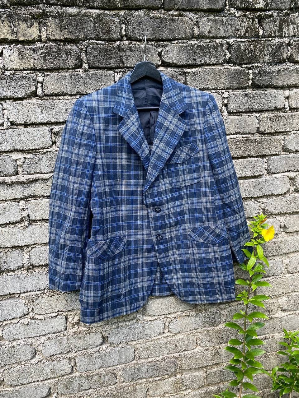 Lanvin × Vintage Vintage 90s Lanvin Blue Checker Wool Double Breasted Size 48R - 3 Thumbnail