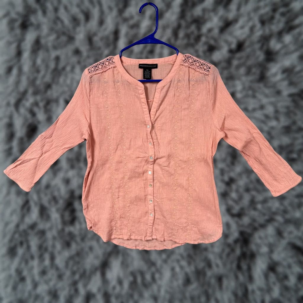 Vintage Preswick & Moore Blouse PM Peach Gauze Crochet Semi-Sheer Coastal Grandmother Size M / US 6-8 / IT 42-44 - 1 Thumbnail
