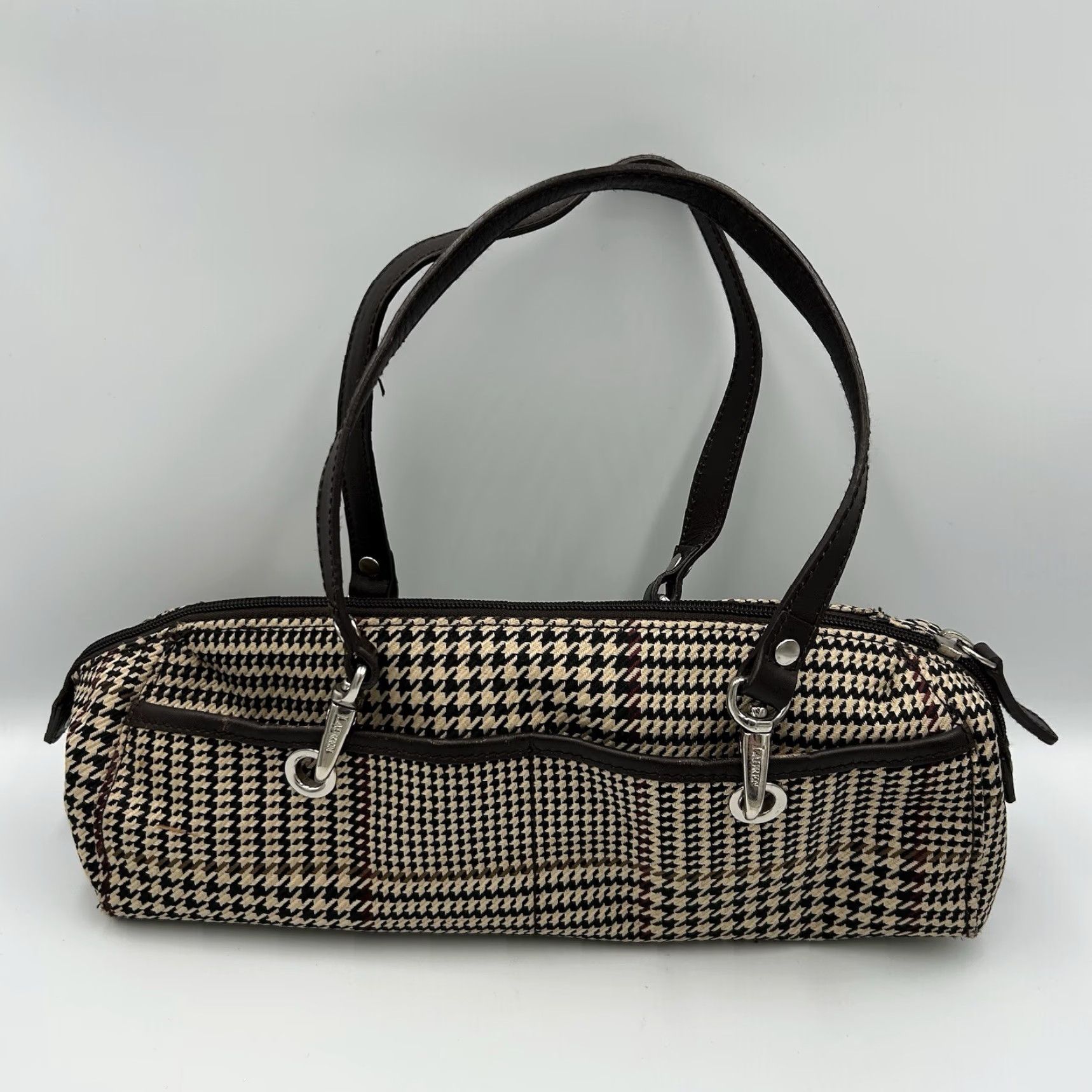 Ralph Lauren VINTAGE Lauren Ralph Lauren Womens Brown Multi Houndstooth Fabric Zip Shoulder Bag Size ONE SIZE - 2 Thumbnail